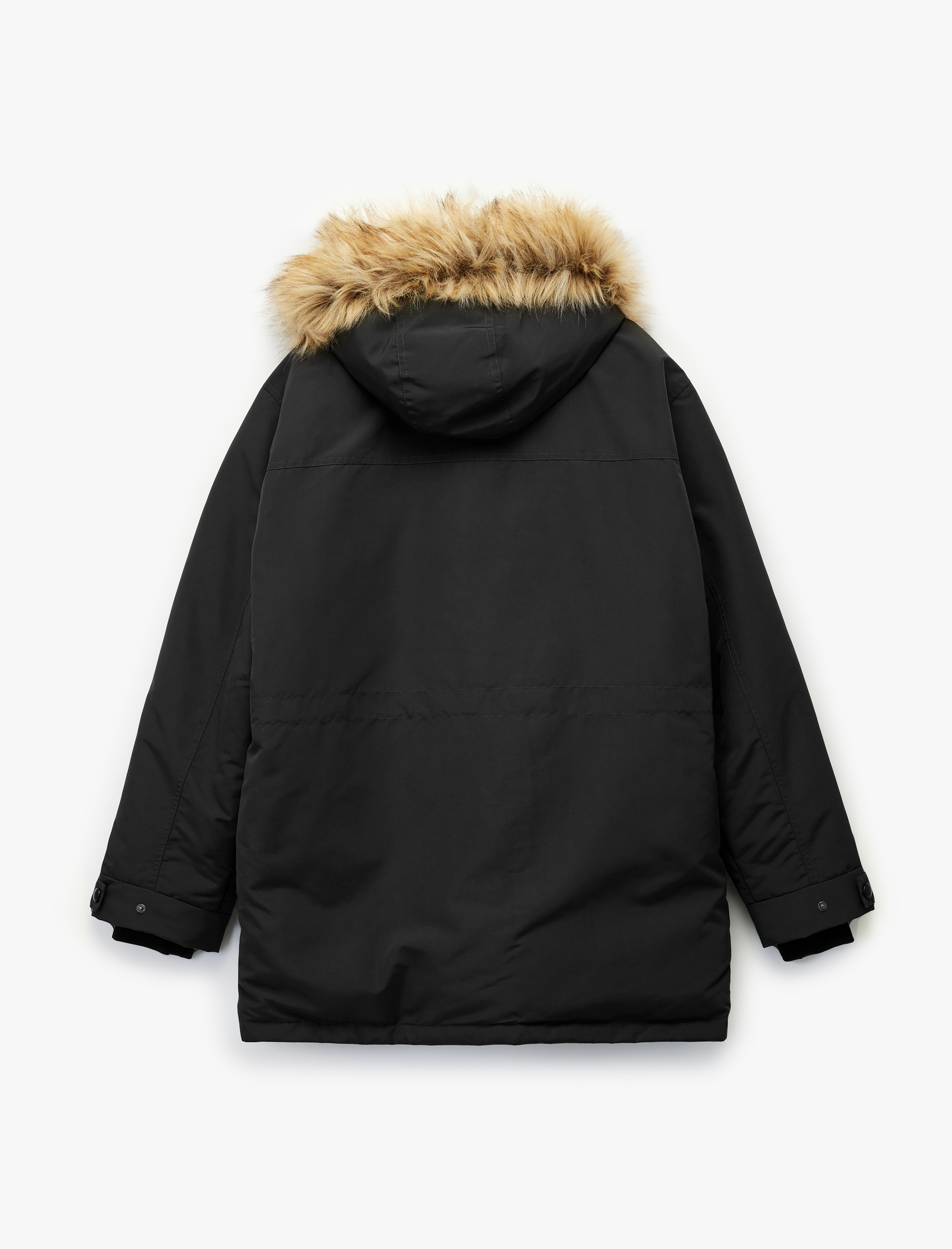   Uzun Kollu Kapaklı Cepli Suni Kürklü Kapşonlu Parka