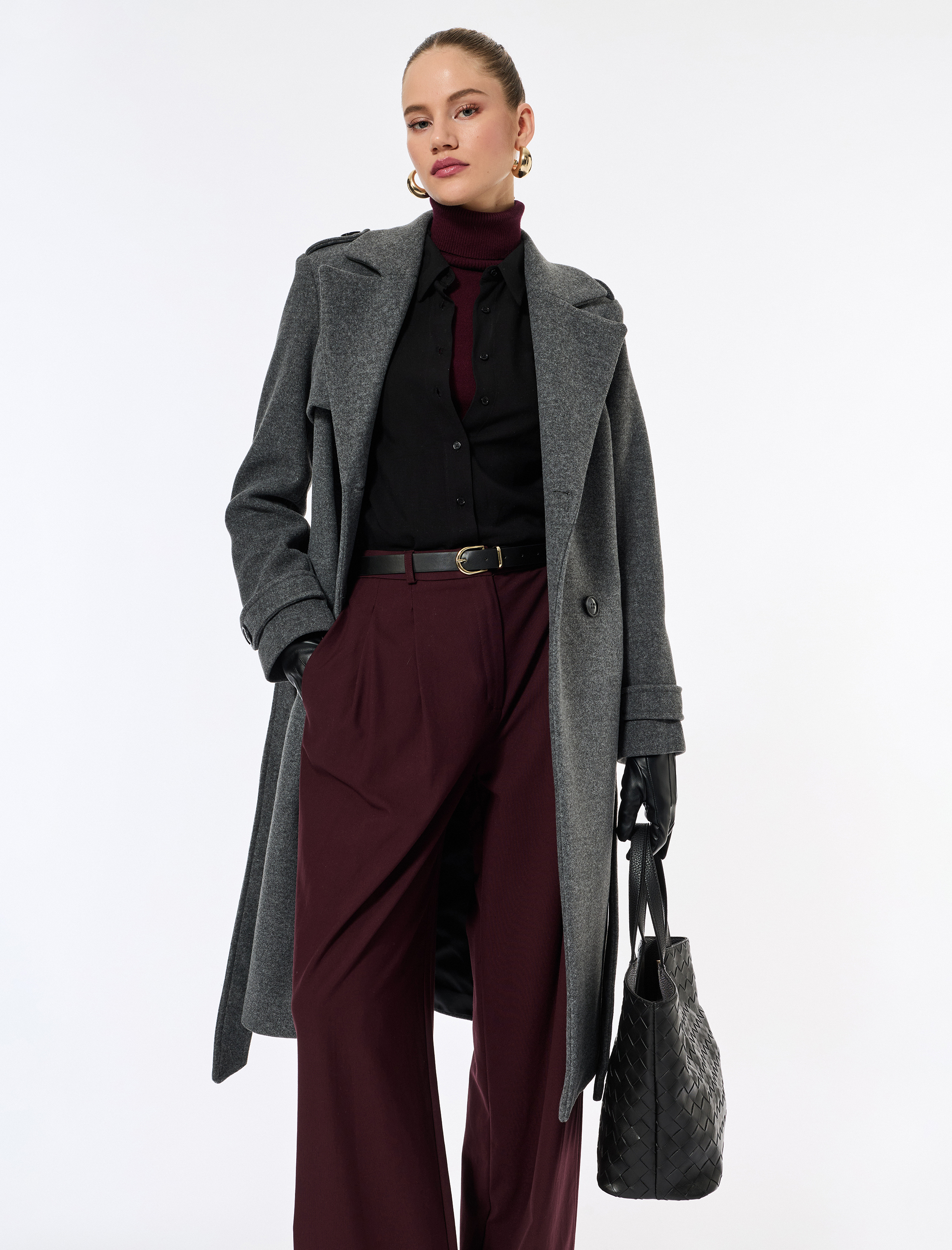   Trenç Kaban Kaşe Cepli Kemerli Kruvaze Uzun Kollu