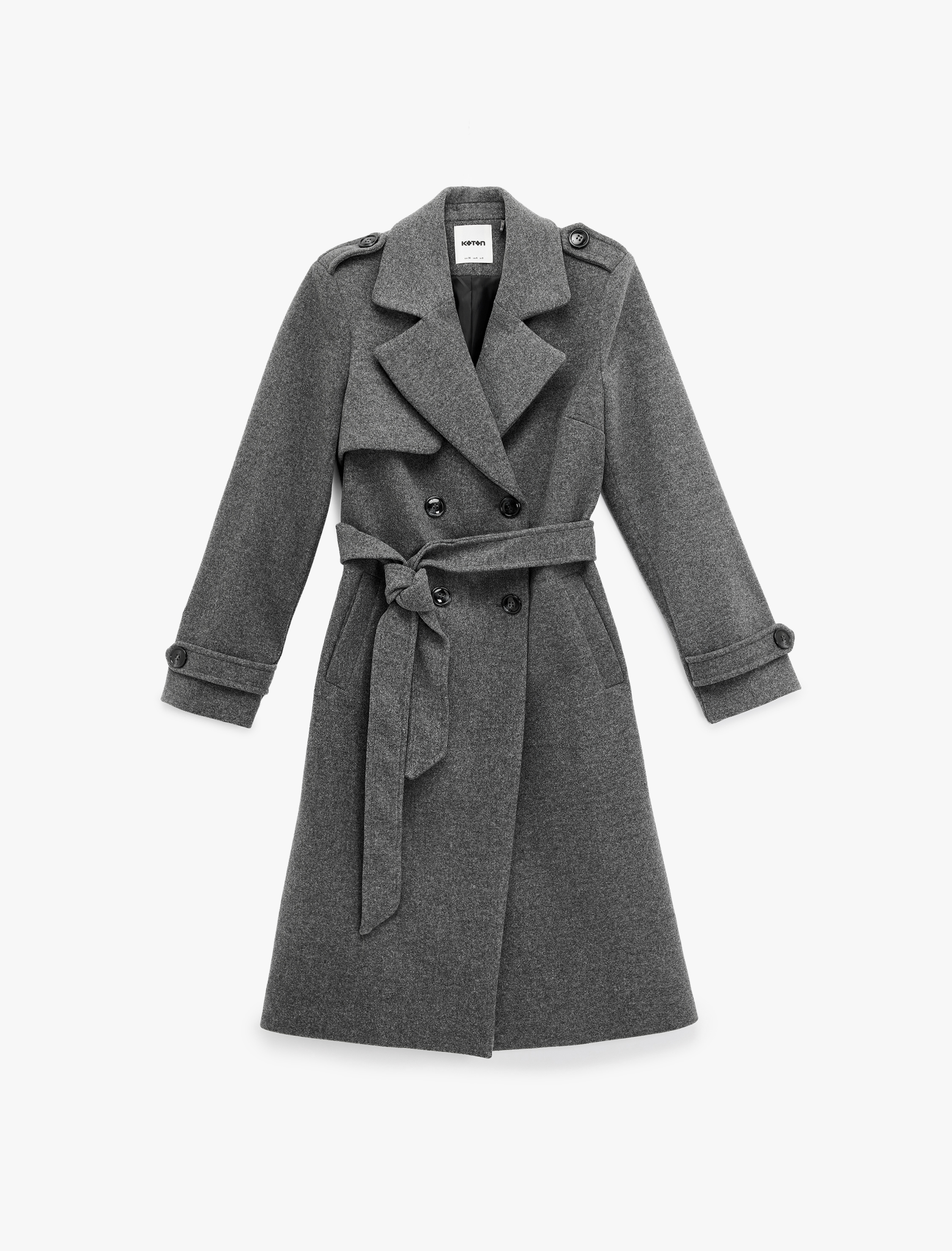   Trenç Kaban Kaşe Cepli Kemerli Kruvaze Uzun Kollu