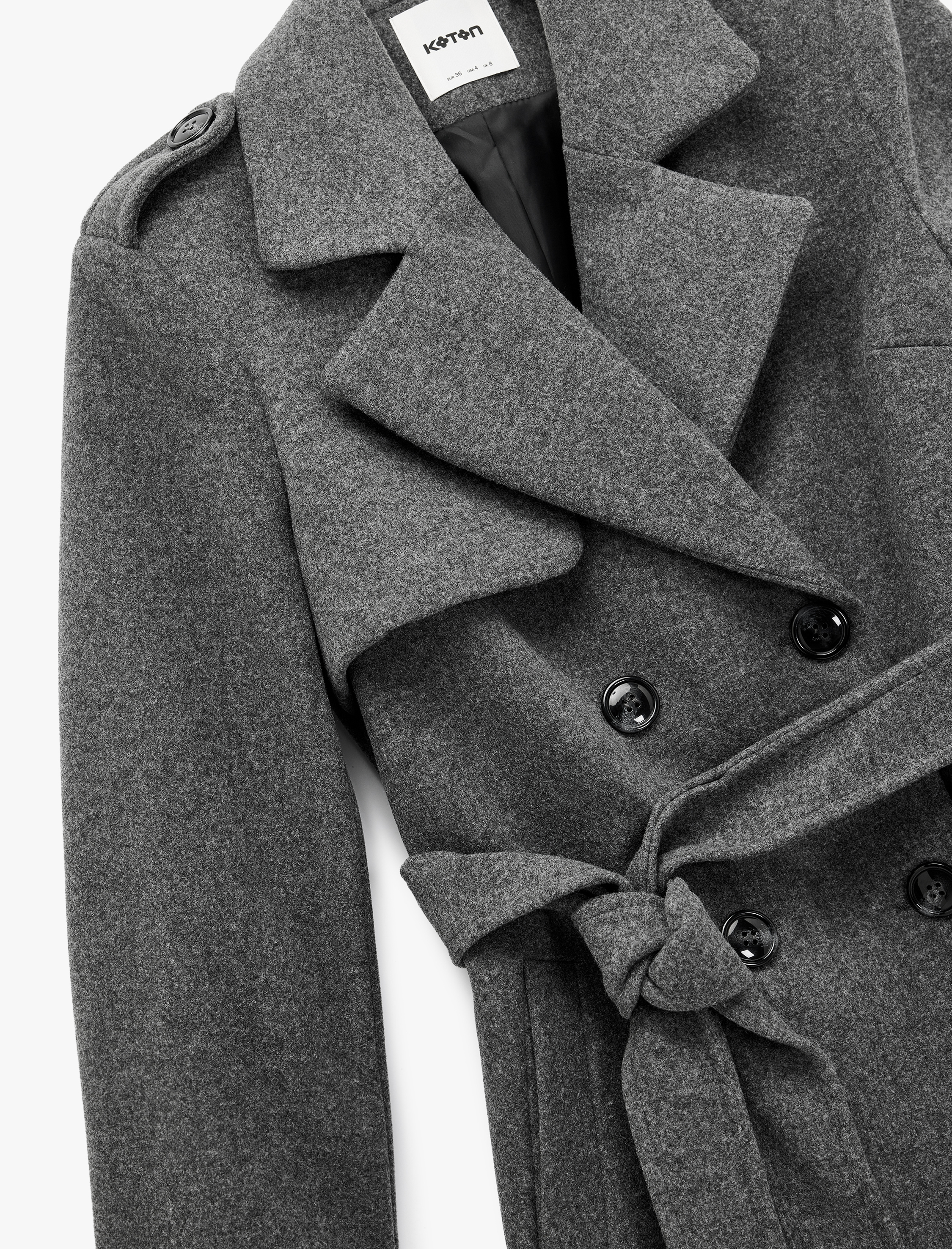   Trenç Kaban Kaşe Cepli Kemerli Kruvaze Uzun Kollu