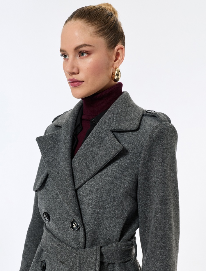  Trenç Kaban Kaşe Cepli Kemerli Kruvaze Uzun Kollu