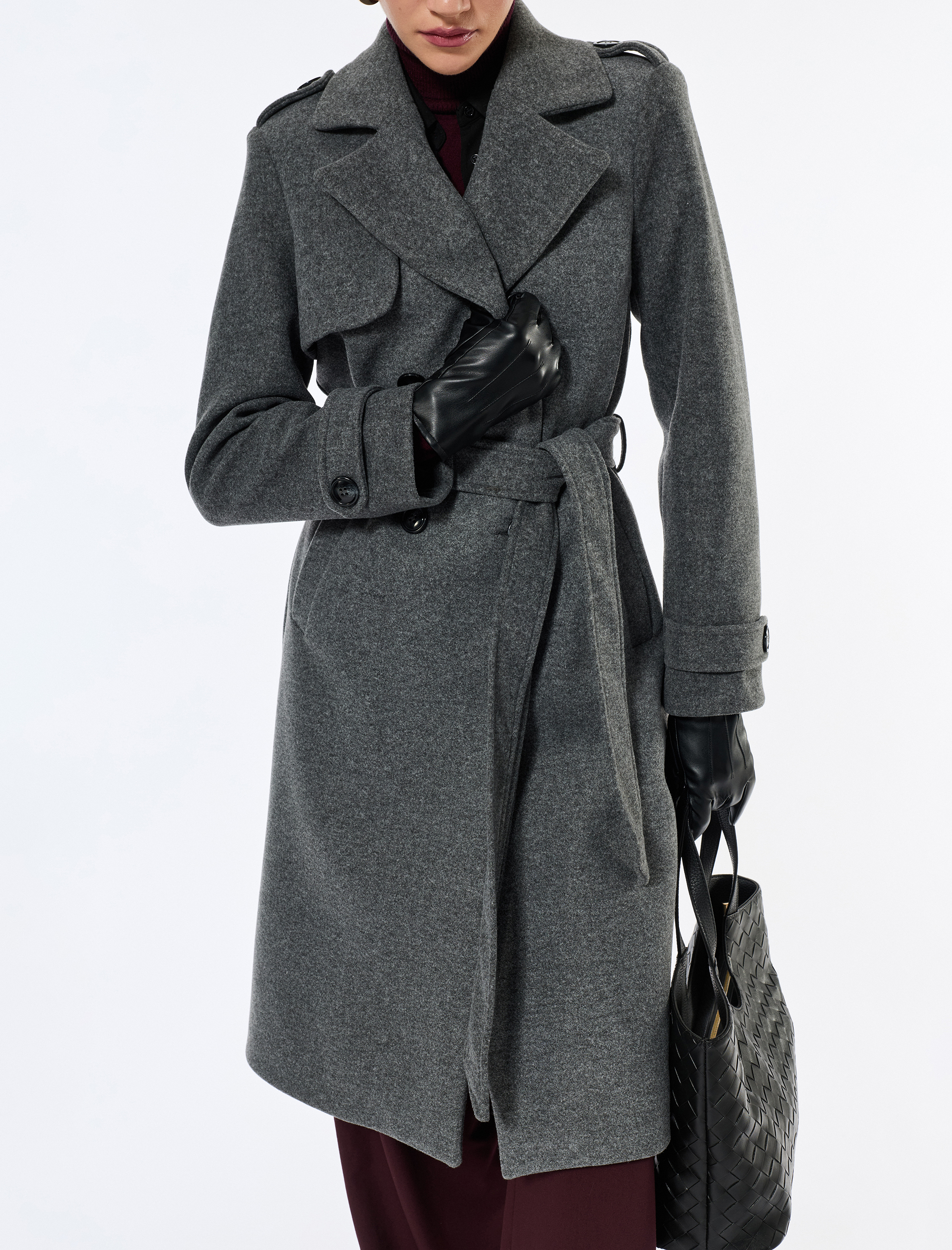   Trenç Kaban Kaşe Cepli Kemerli Kruvaze Uzun Kollu