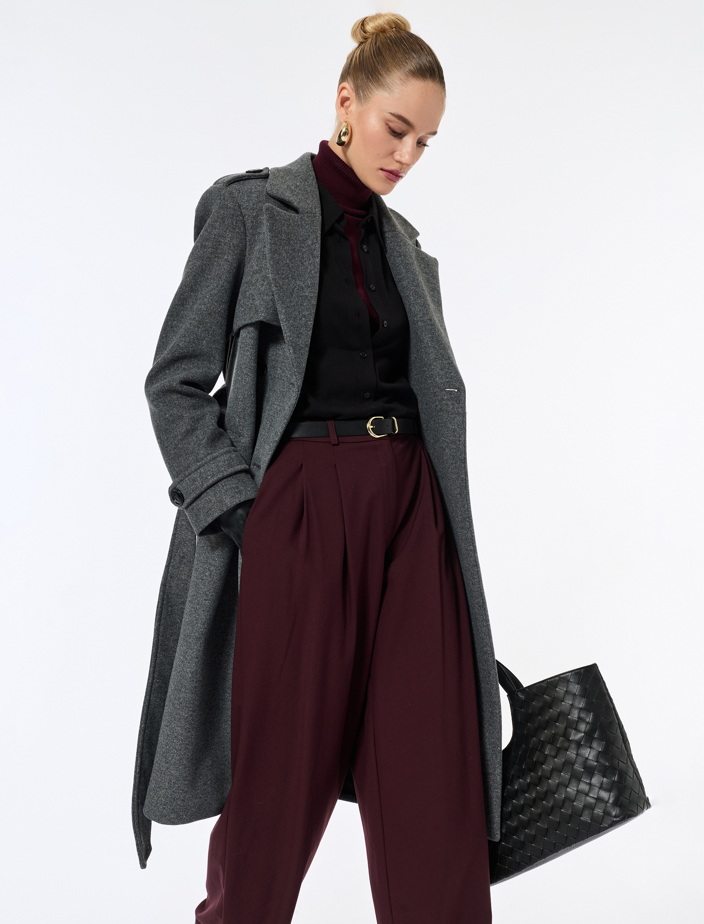   Trenç Kaban Kaşe Cepli Kemerli Kruvaze Uzun Kollu