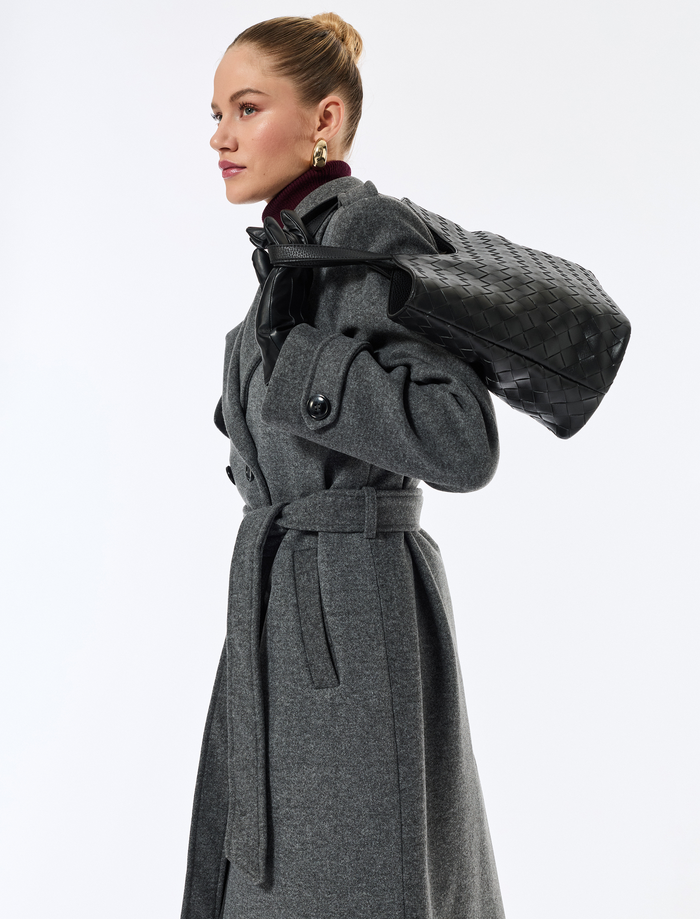   Trenç Kaban Kaşe Cepli Kemerli Kruvaze Uzun Kollu