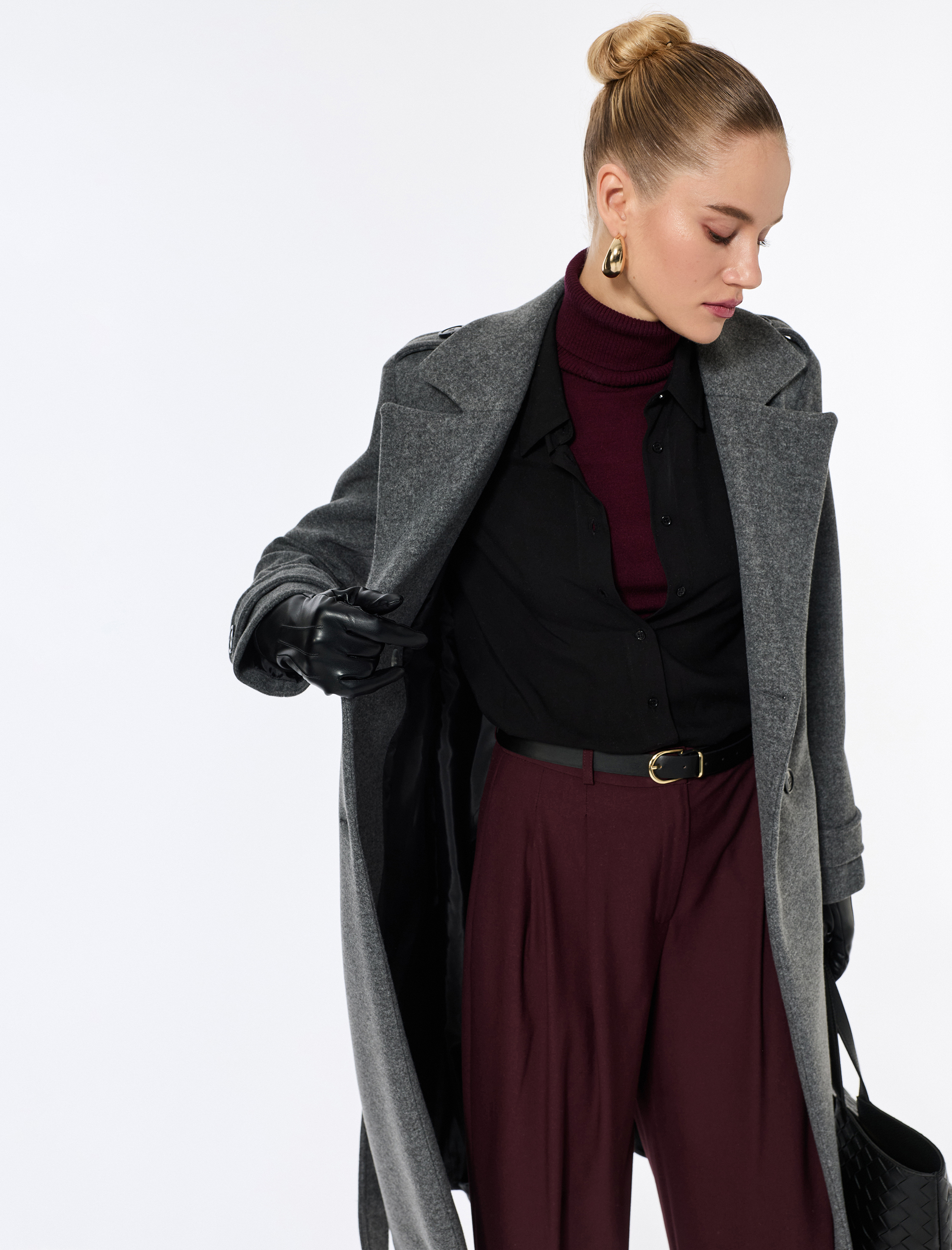   Trenç Kaban Kaşe Cepli Kemerli Kruvaze Uzun Kollu