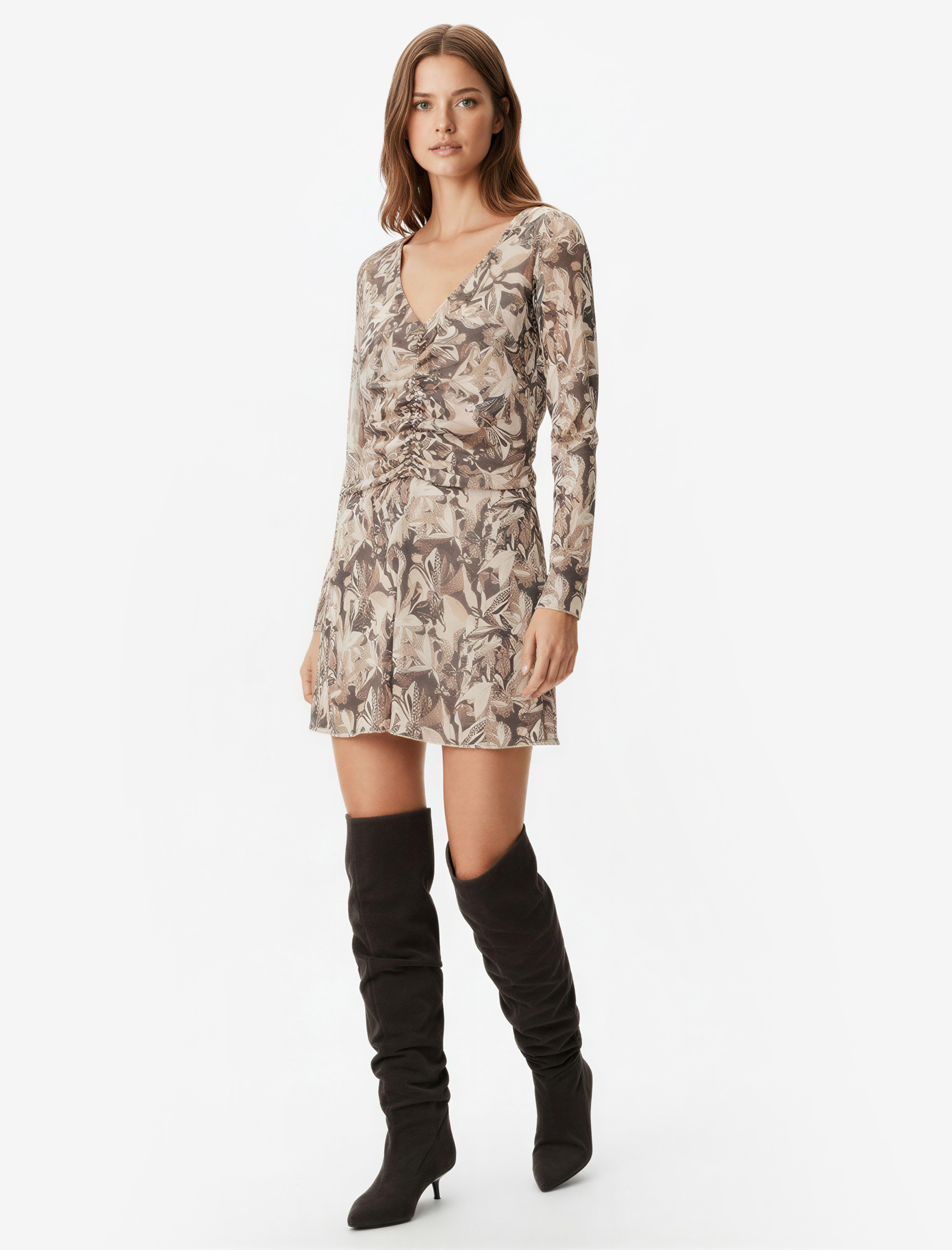   V Yaka Uzun Kollu Büzgülü A Kesim Çiçekli Mini Elbise