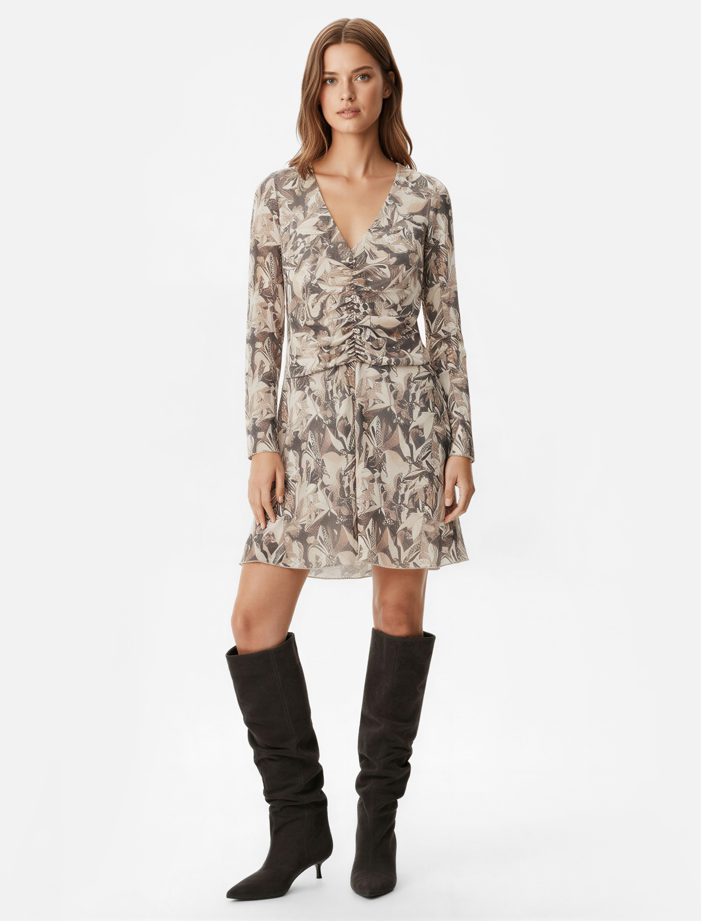   V Yaka Uzun Kollu Büzgülü A Kesim Çiçekli Mini Elbise