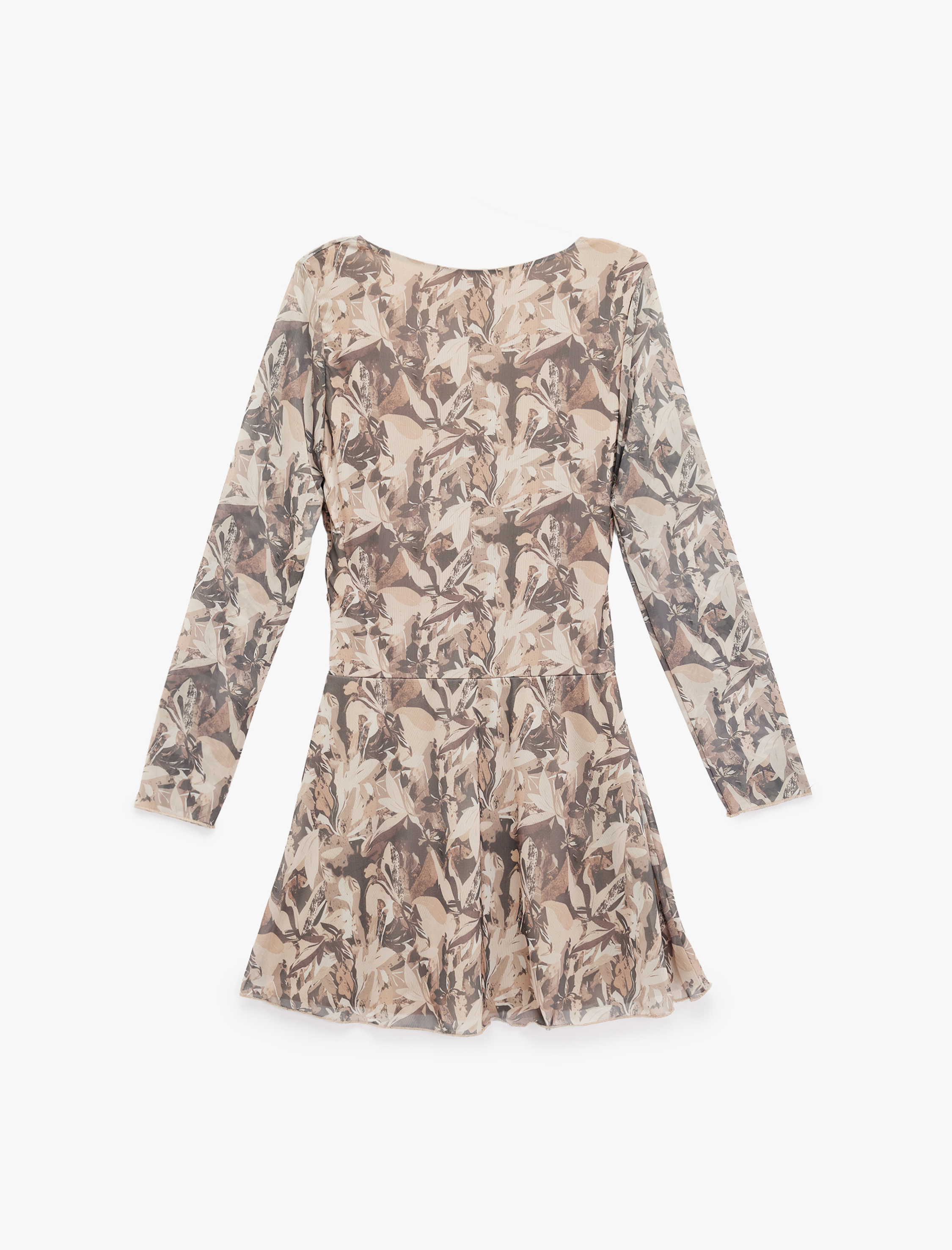   V Yaka Uzun Kollu Büzgülü A Kesim Çiçekli Mini Elbise