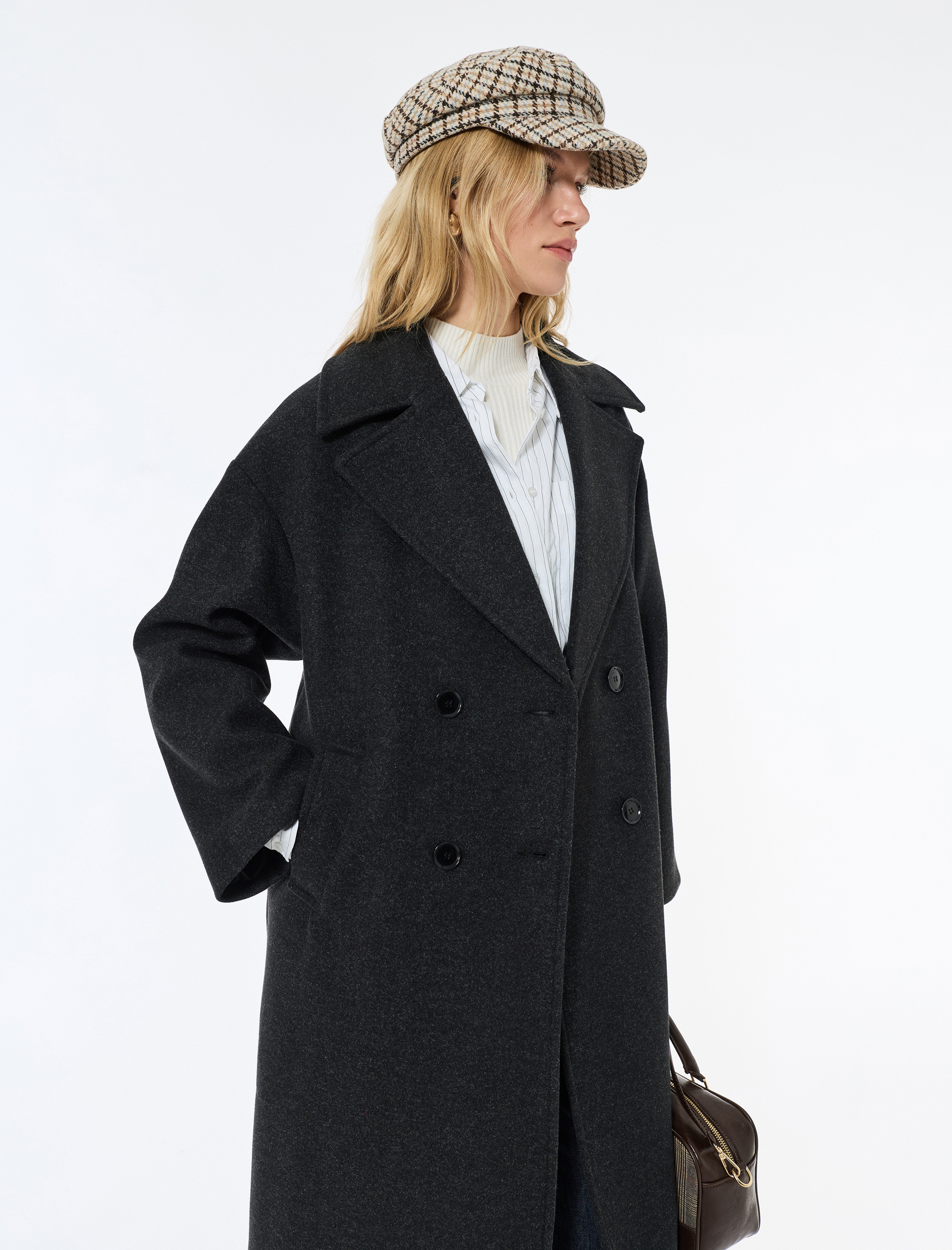   Oversize Kaban Kaşe Ekstra Uzun Kruvaze Düğmeli