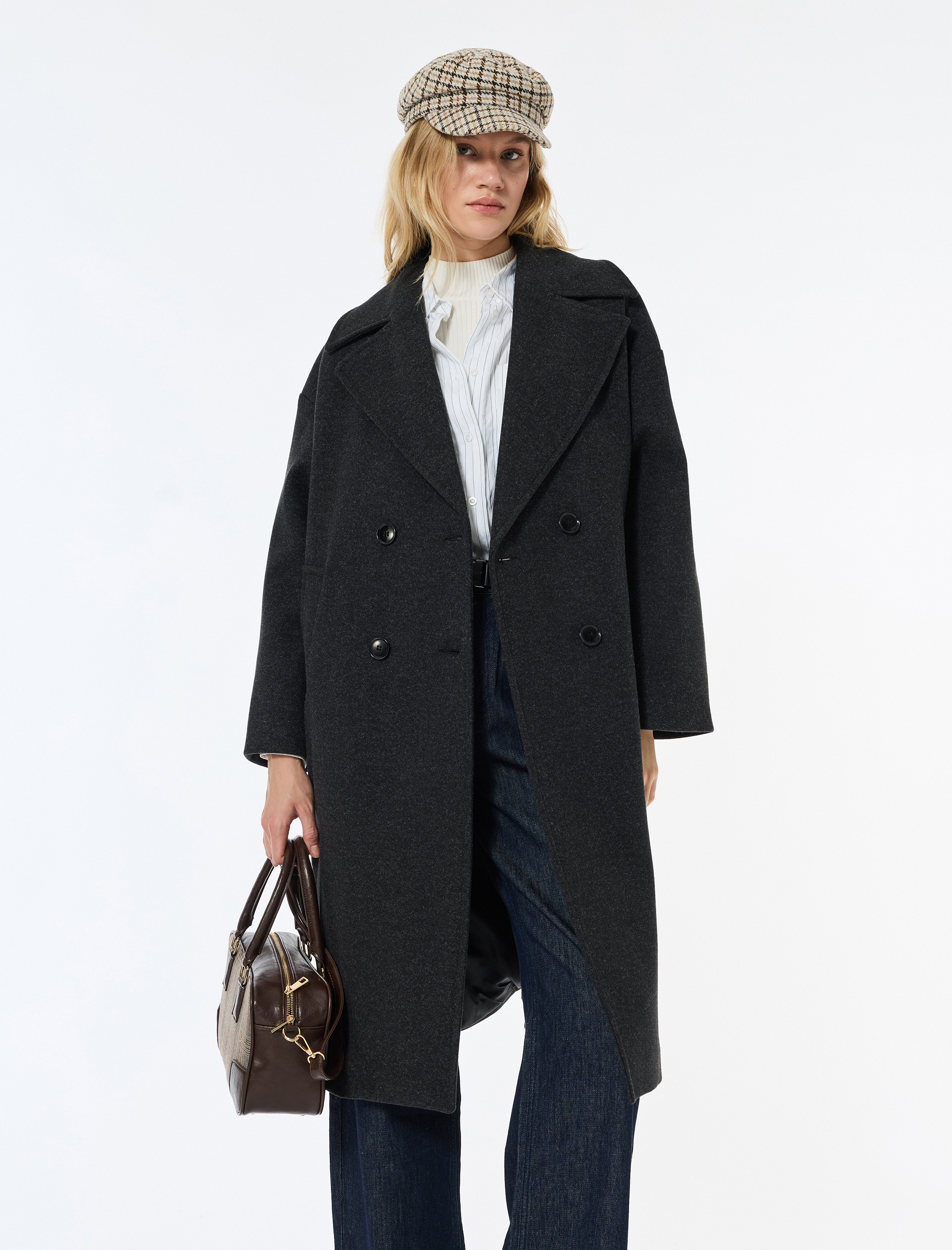   Oversize Kaban Kaşe Ekstra Uzun Kruvaze Düğmeli