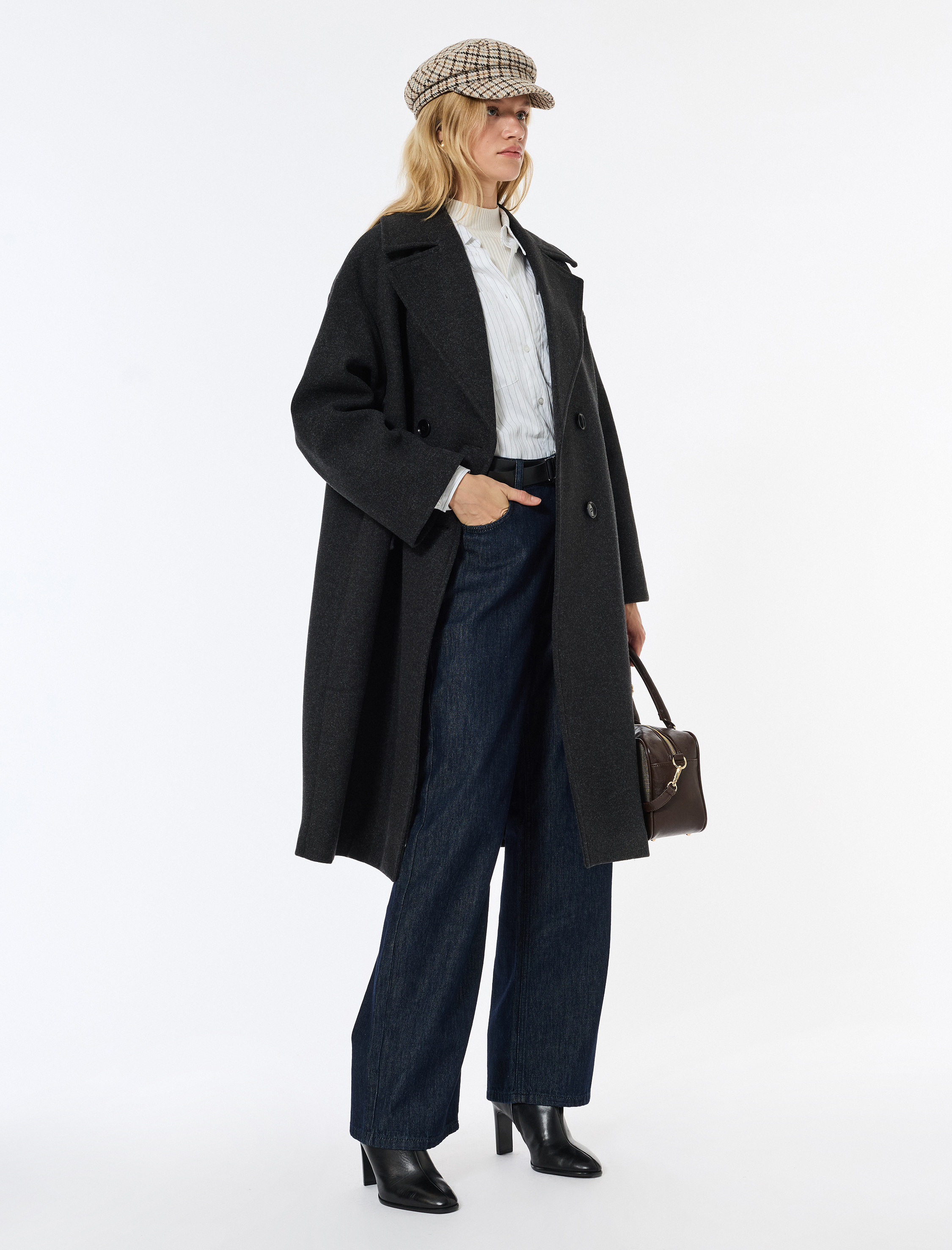   Oversize Kaban Kaşe Ekstra Uzun Kruvaze Düğmeli