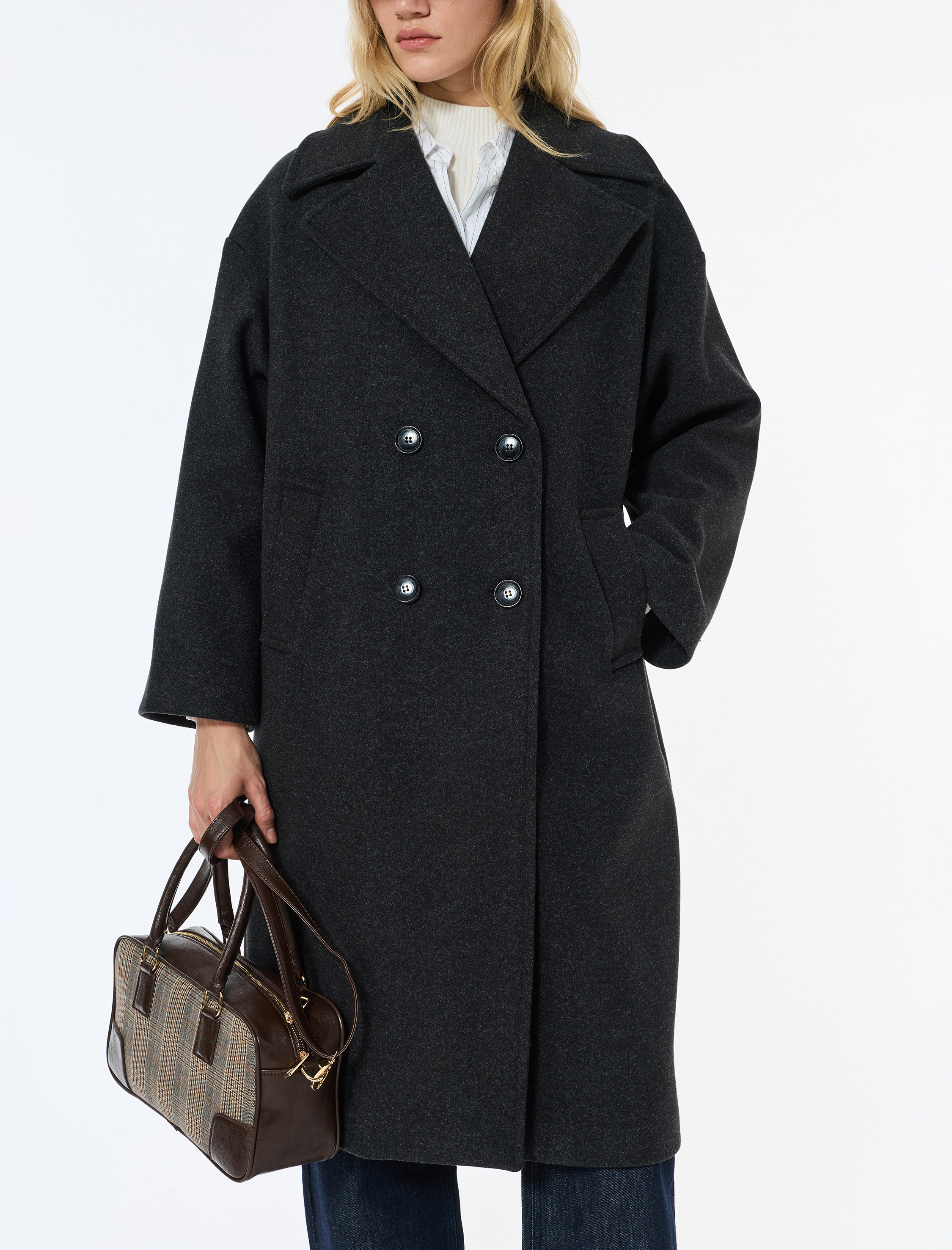   Oversize Kaban Kaşe Ekstra Uzun Kruvaze Düğmeli