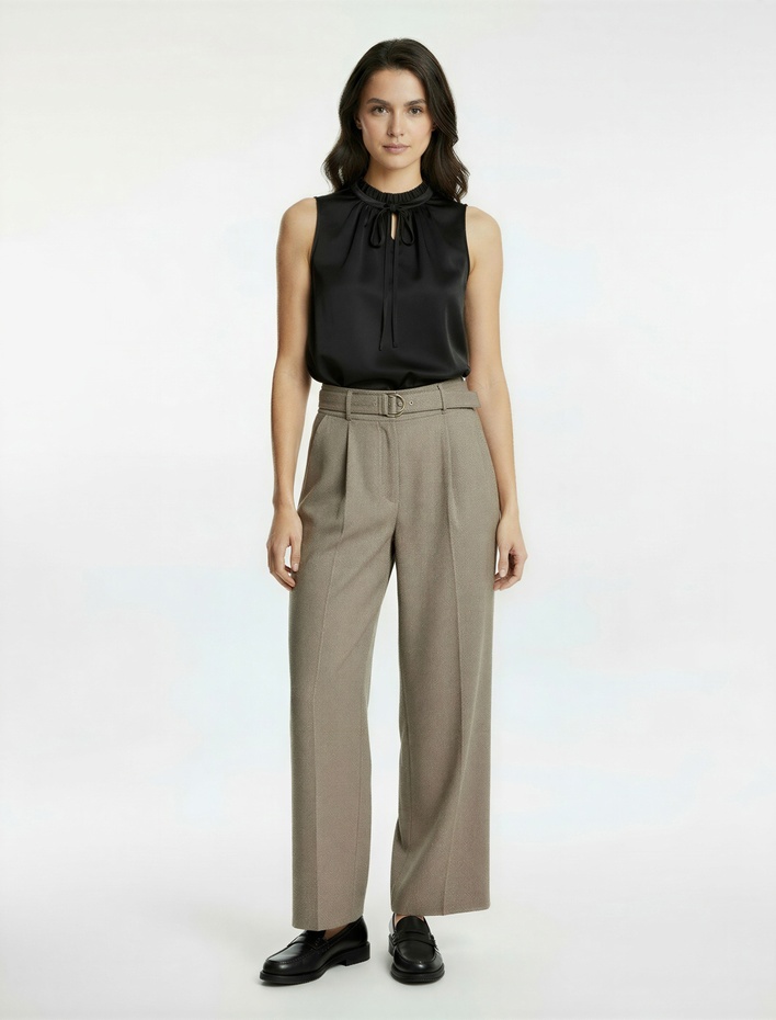  Yüksek Bel Viskon Karışımlı Kemer Detaylı Cepli Palazzo Pantolon