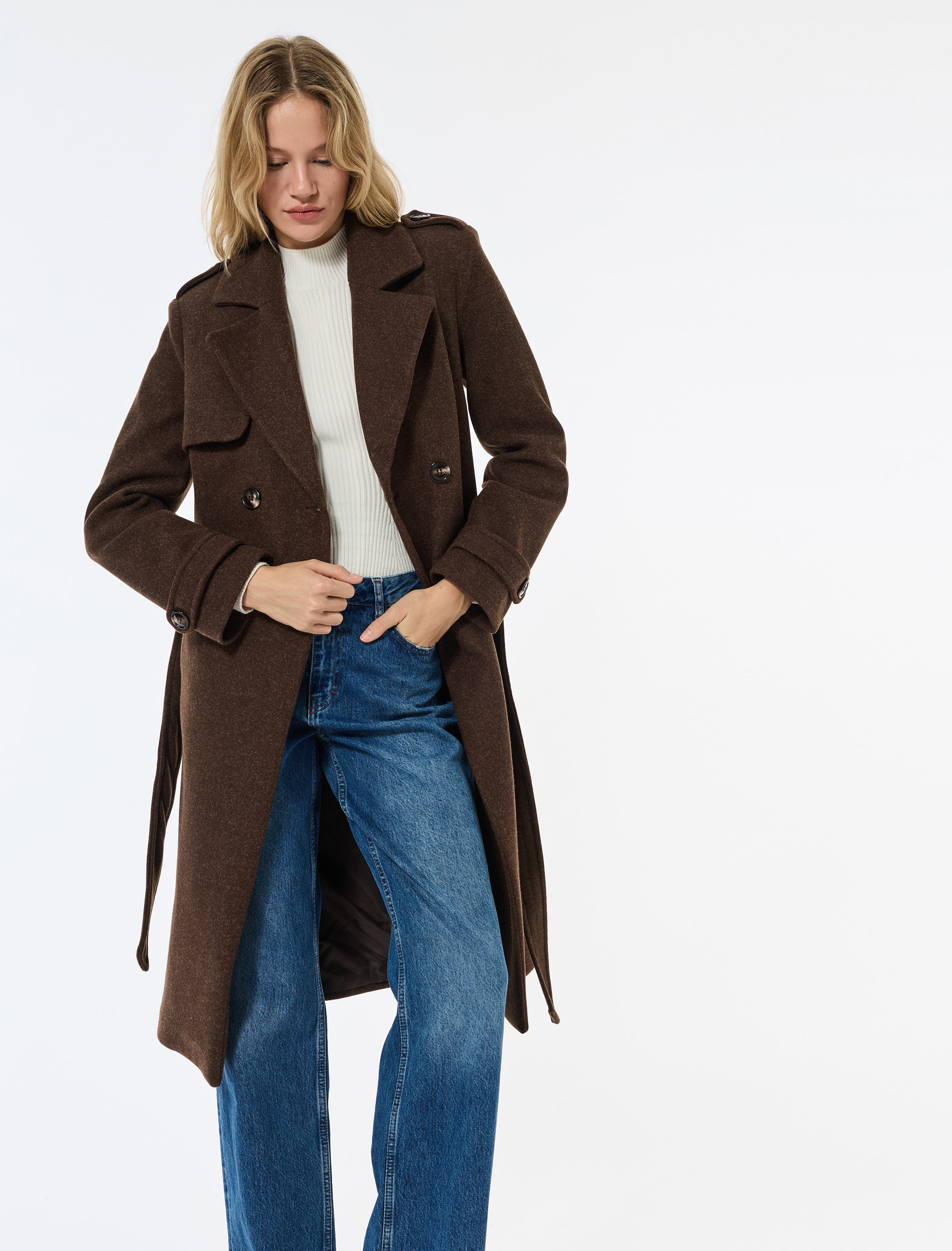   Trenç Kaban Kaşe Cepli Kemerli Kruvaze Uzun Kollu