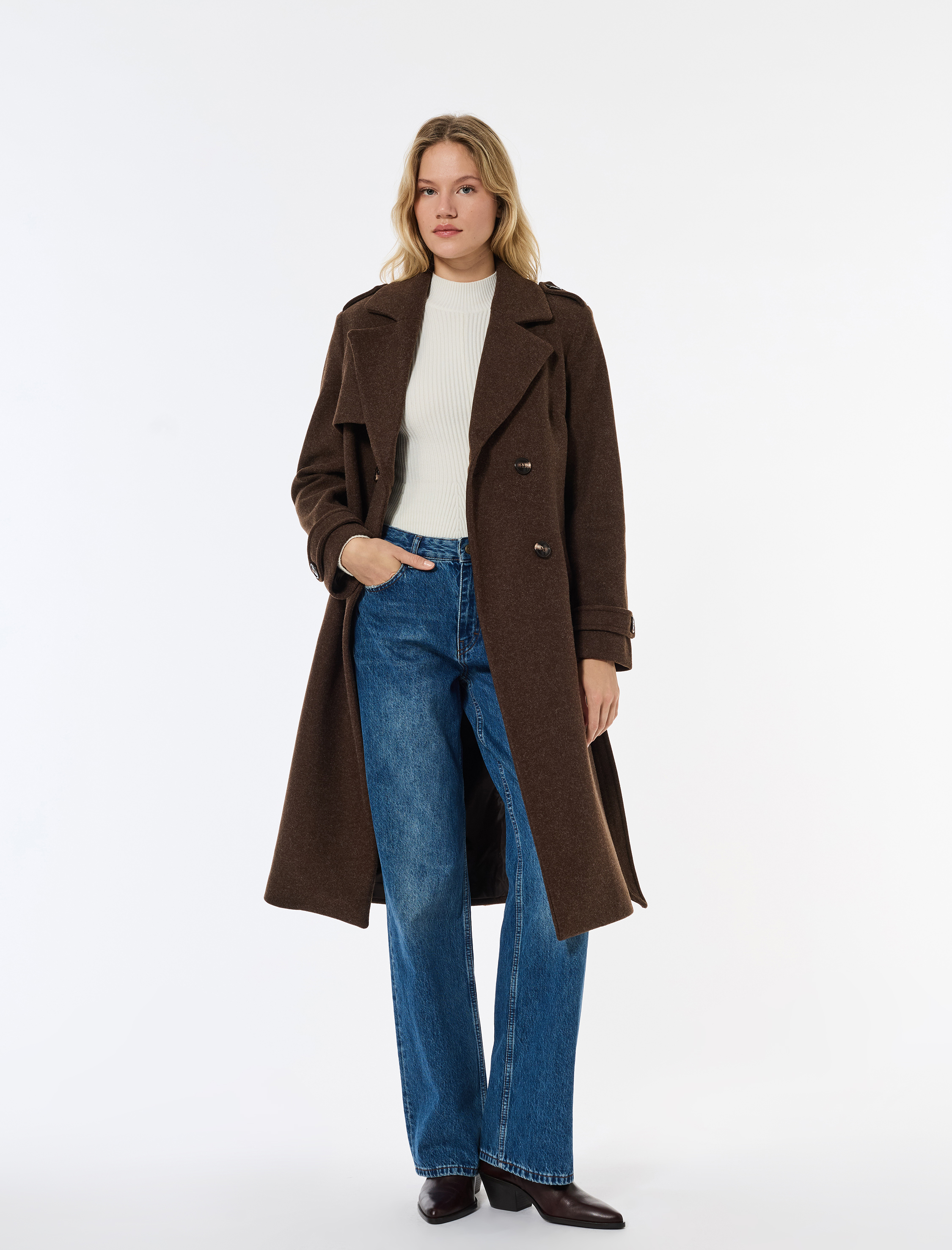   Trenç Kaban Kaşe Cepli Kemerli Kruvaze Uzun Kollu