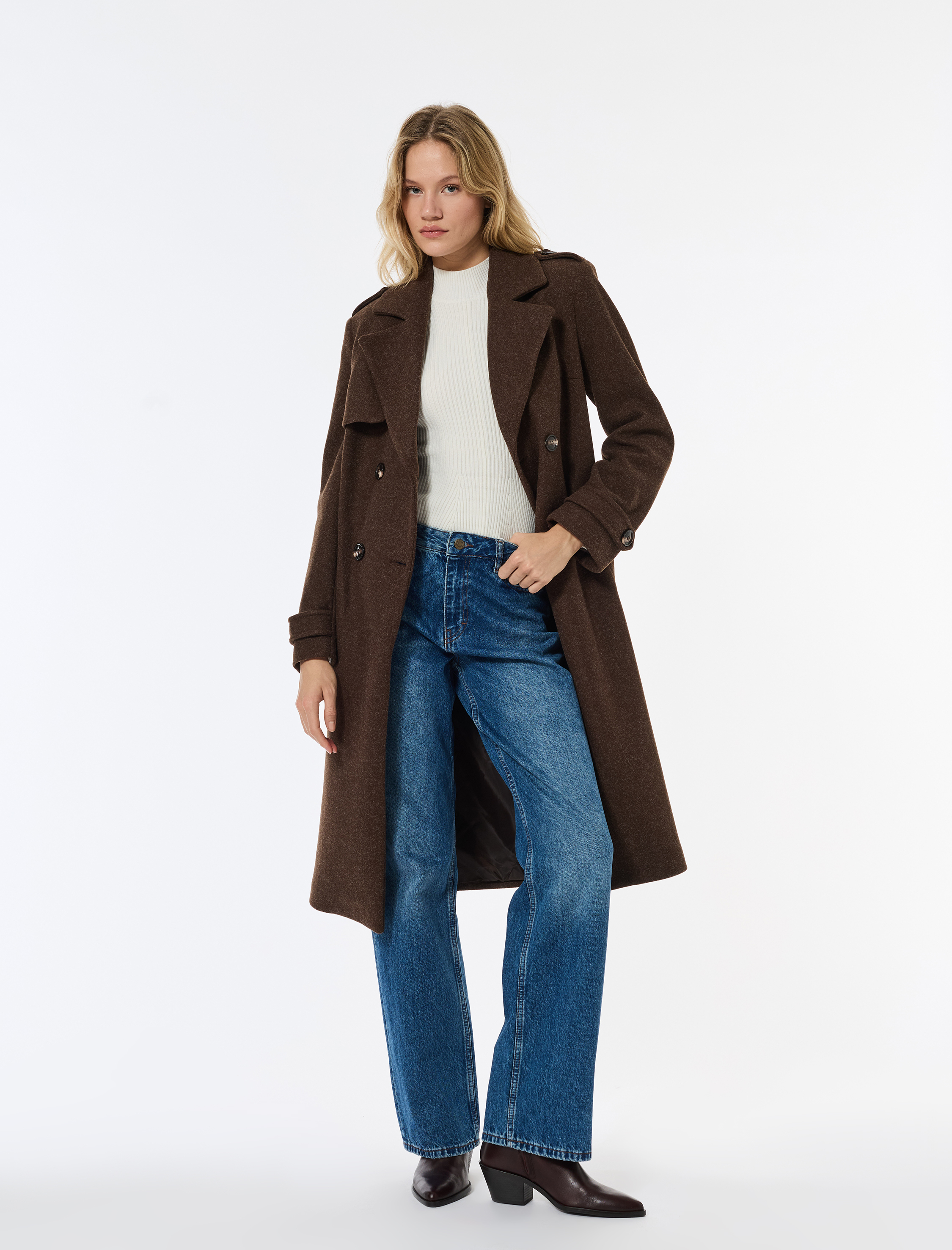   Trenç Kaban Kaşe Cepli Kemerli Kruvaze Uzun Kollu