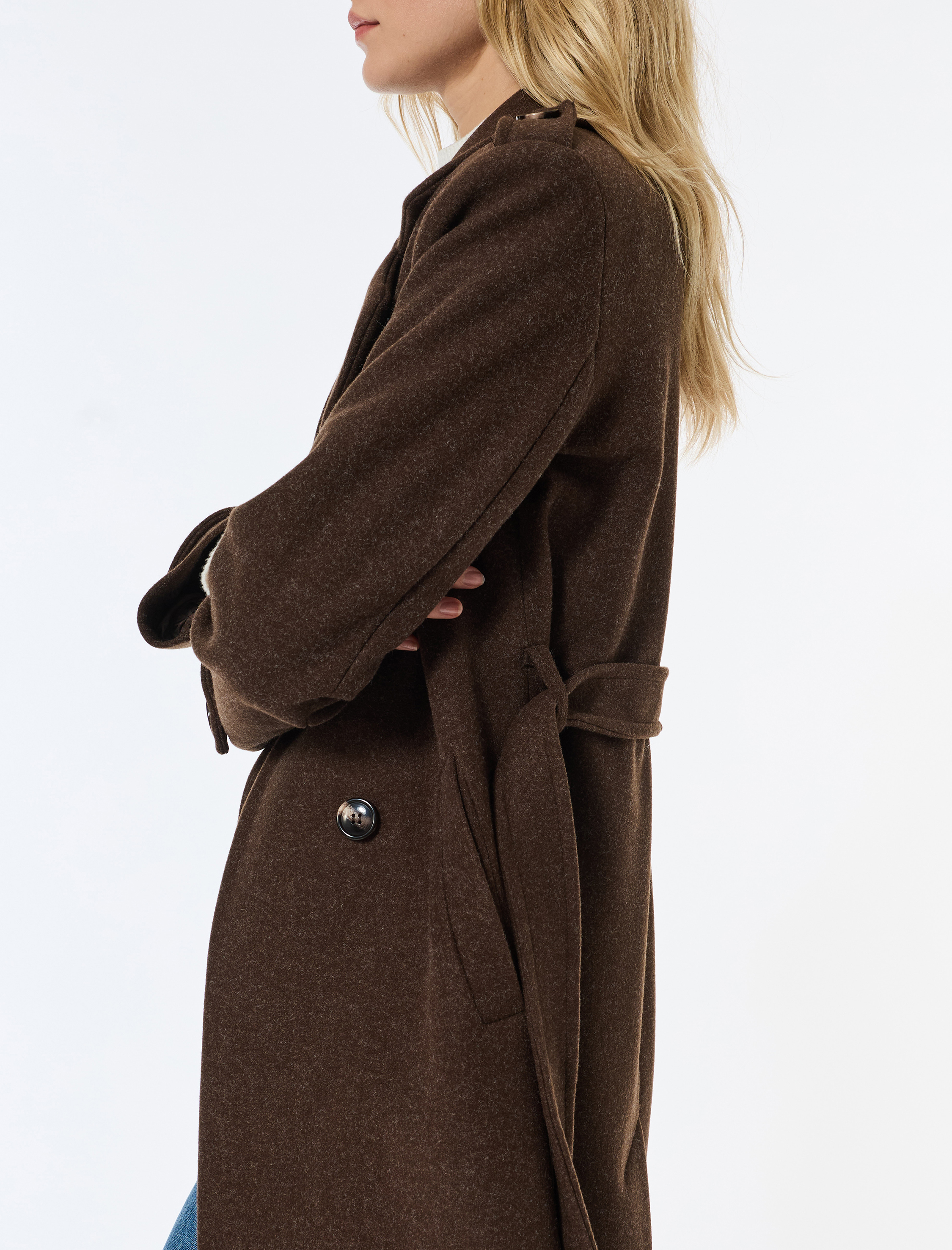   Trenç Kaban Kaşe Cepli Kemerli Kruvaze Uzun Kollu