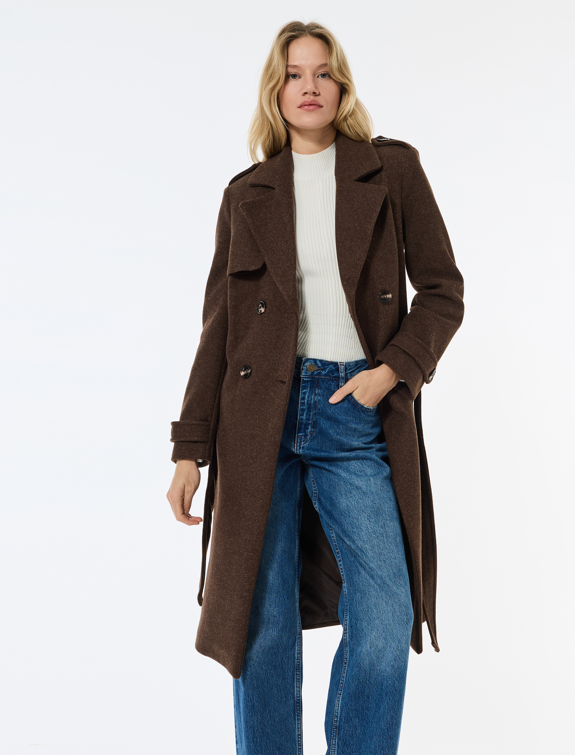   Trenç Kaban Kaşe Cepli Kemerli Kruvaze Uzun Kollu