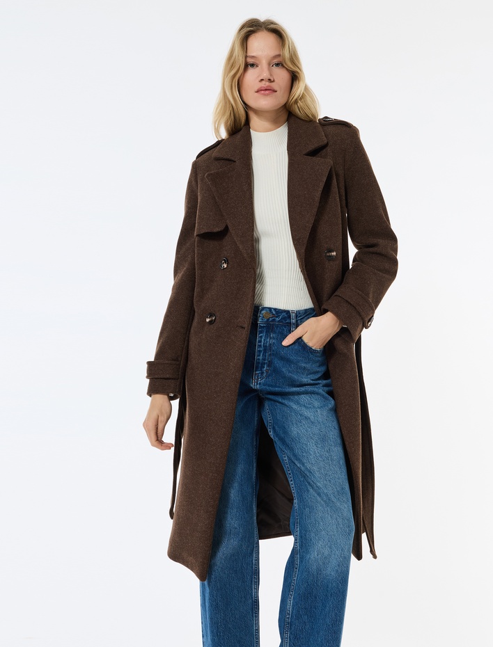  Trenç Kaban Kaşe Cepli Kemerli Kruvaze Uzun Kollu