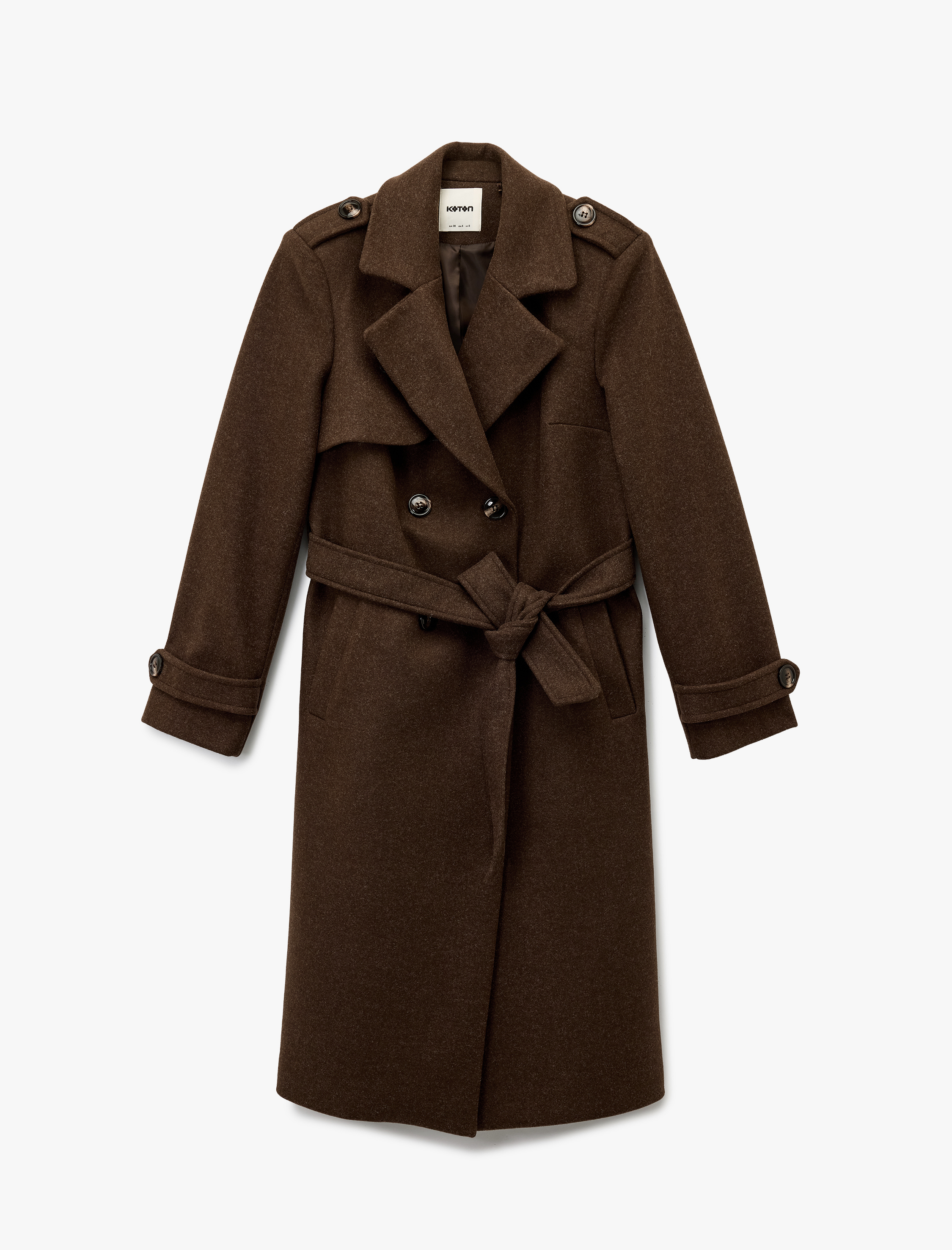   Trenç Kaban Kaşe Cepli Kemerli Kruvaze Uzun Kollu