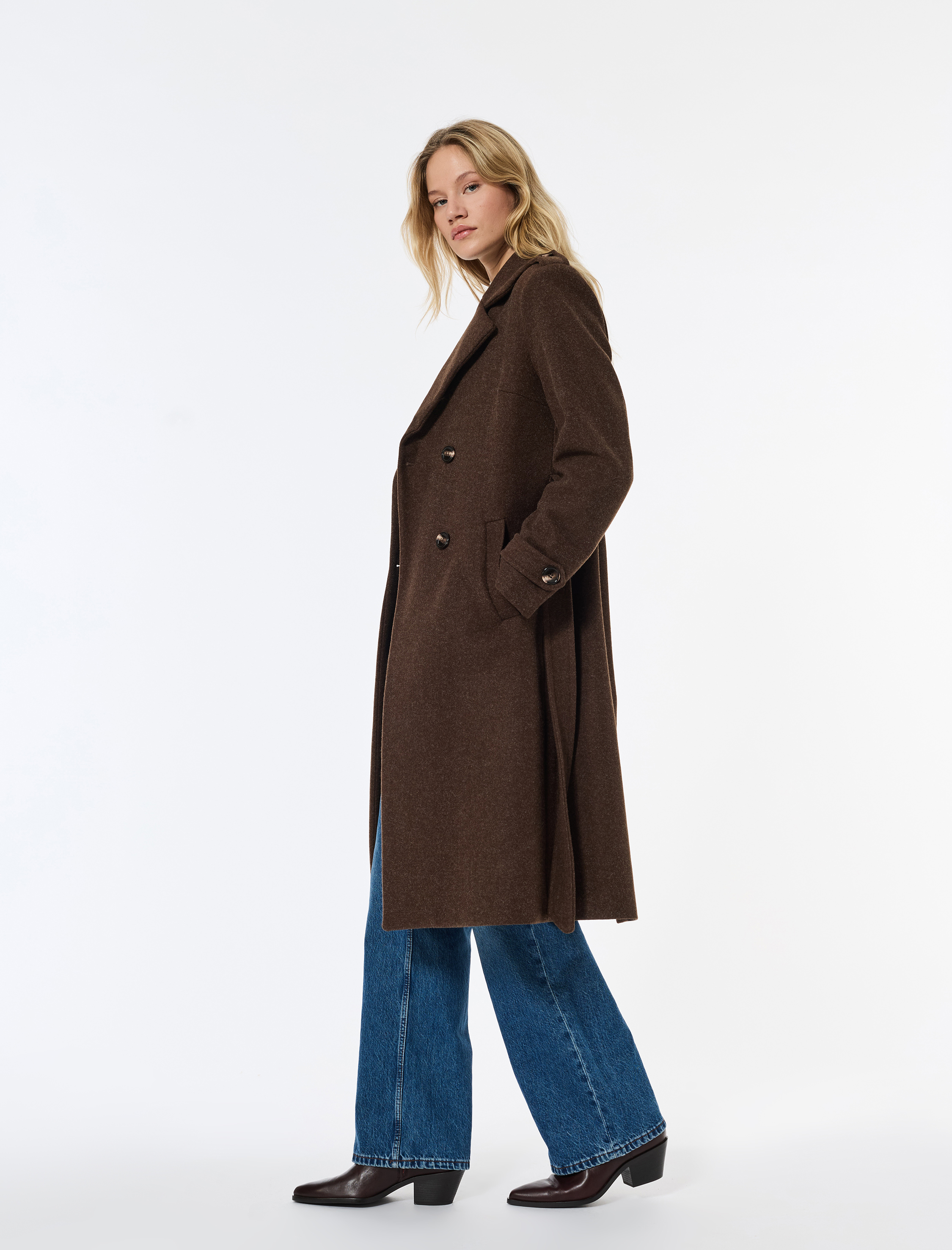   Trenç Kaban Kaşe Cepli Kemerli Kruvaze Uzun Kollu