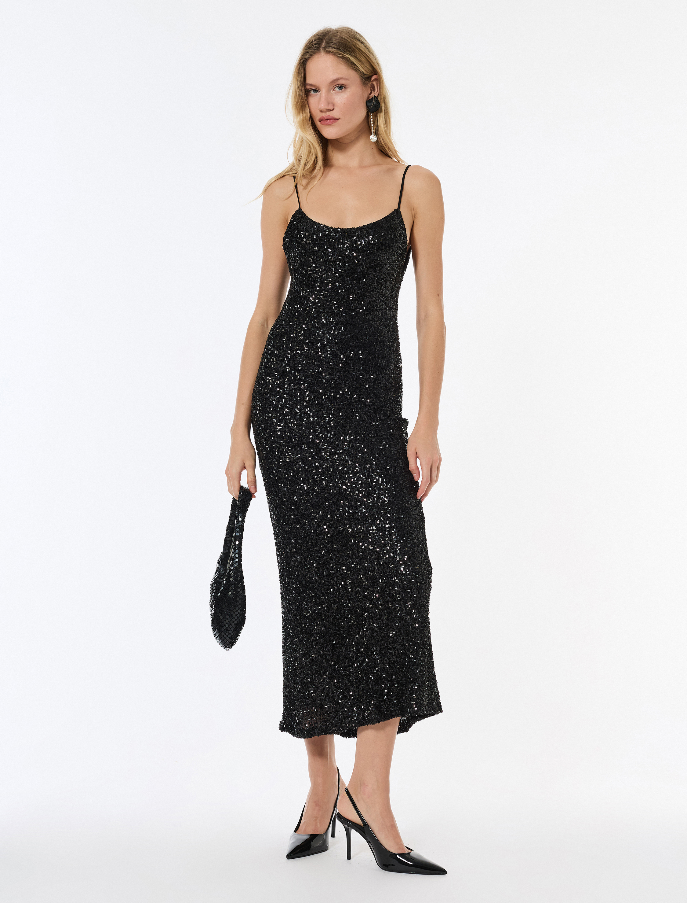   İp Askılı U Yaka Pullu Payetli Midi Abiye Elbise