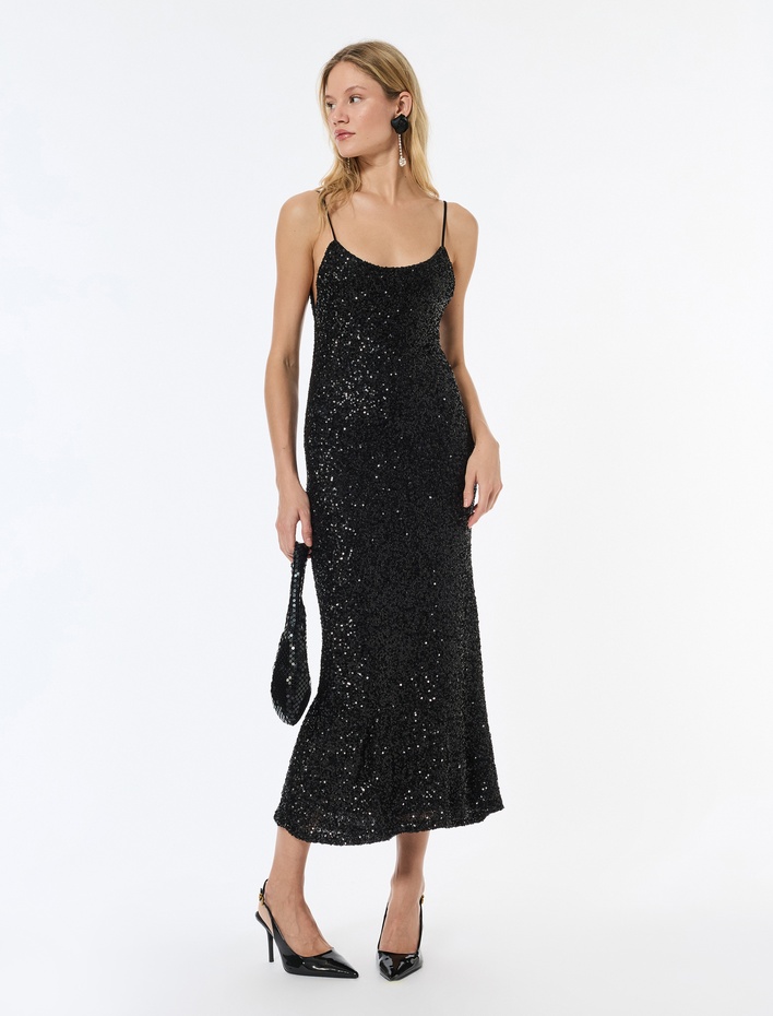  İp Askılı U Yaka Pullu Payetli Midi Abiye Elbise