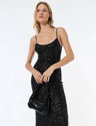 İp Askılı U Yaka Pullu Payetli Midi Abiye Elbise