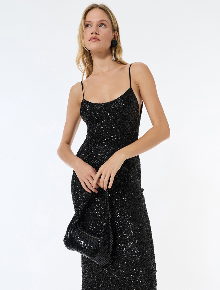  İp Askılı U Yaka Pullu Payetli Midi Abiye Elbise