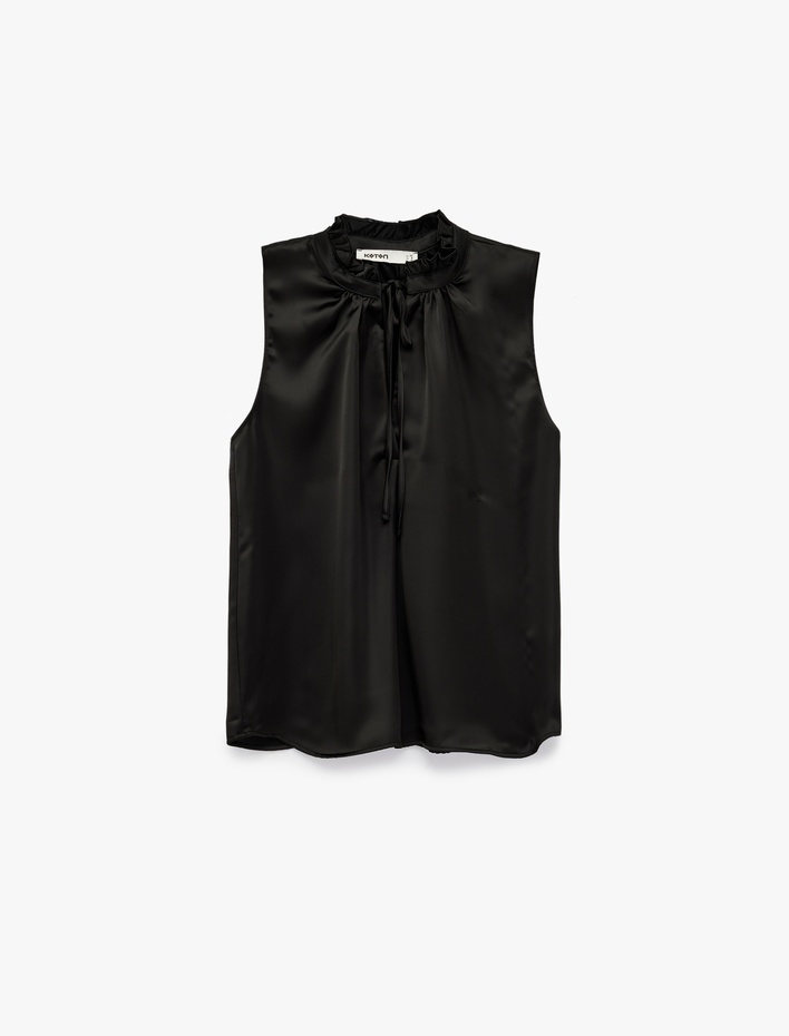  Bağlama Detaylı Dik Fırfırlı Yaka Kolsuz Gömlek