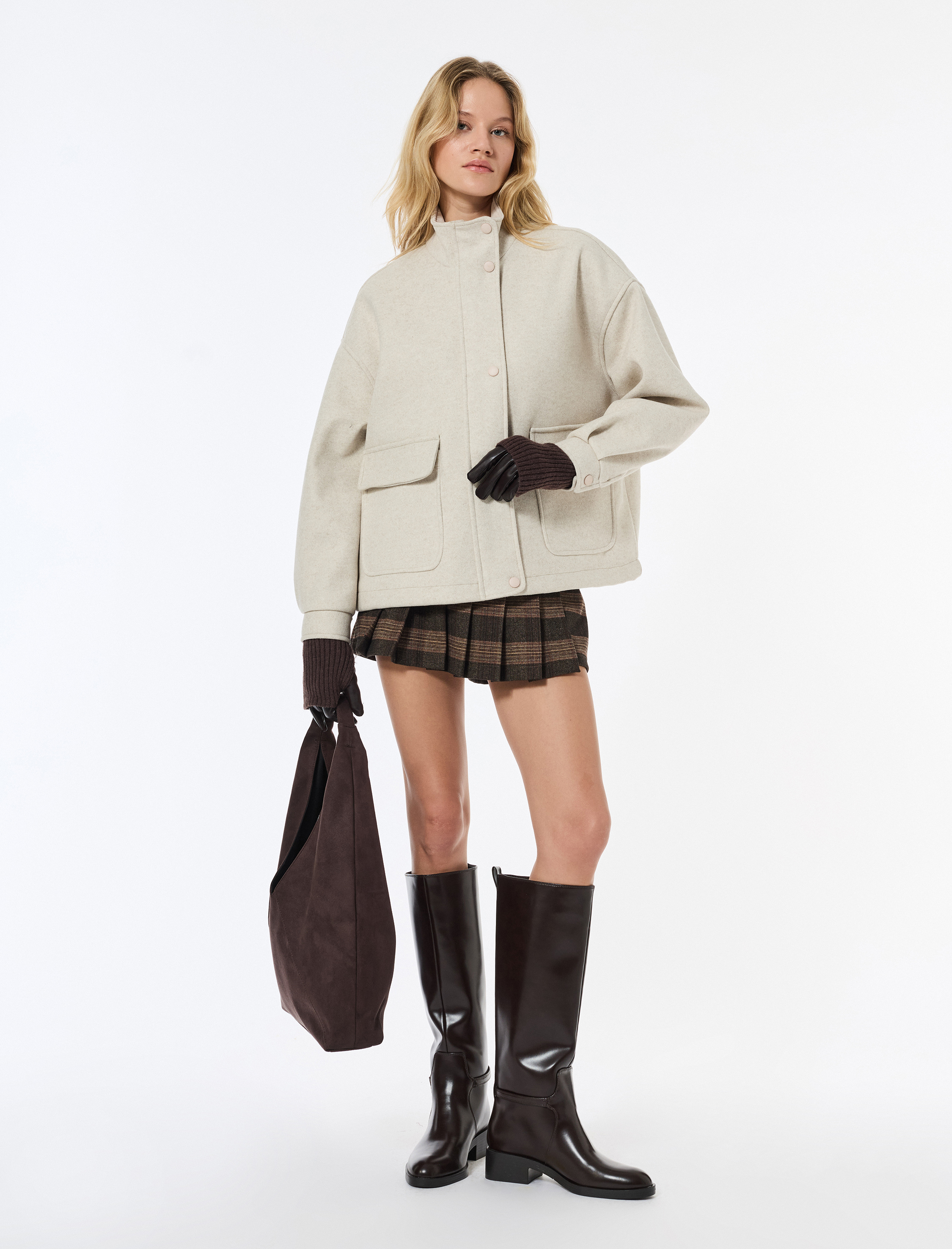   Koton X Sibil Çetinkaya - Kısa Kaban Kaşe Dik Yaka Fermuarlı Cepli