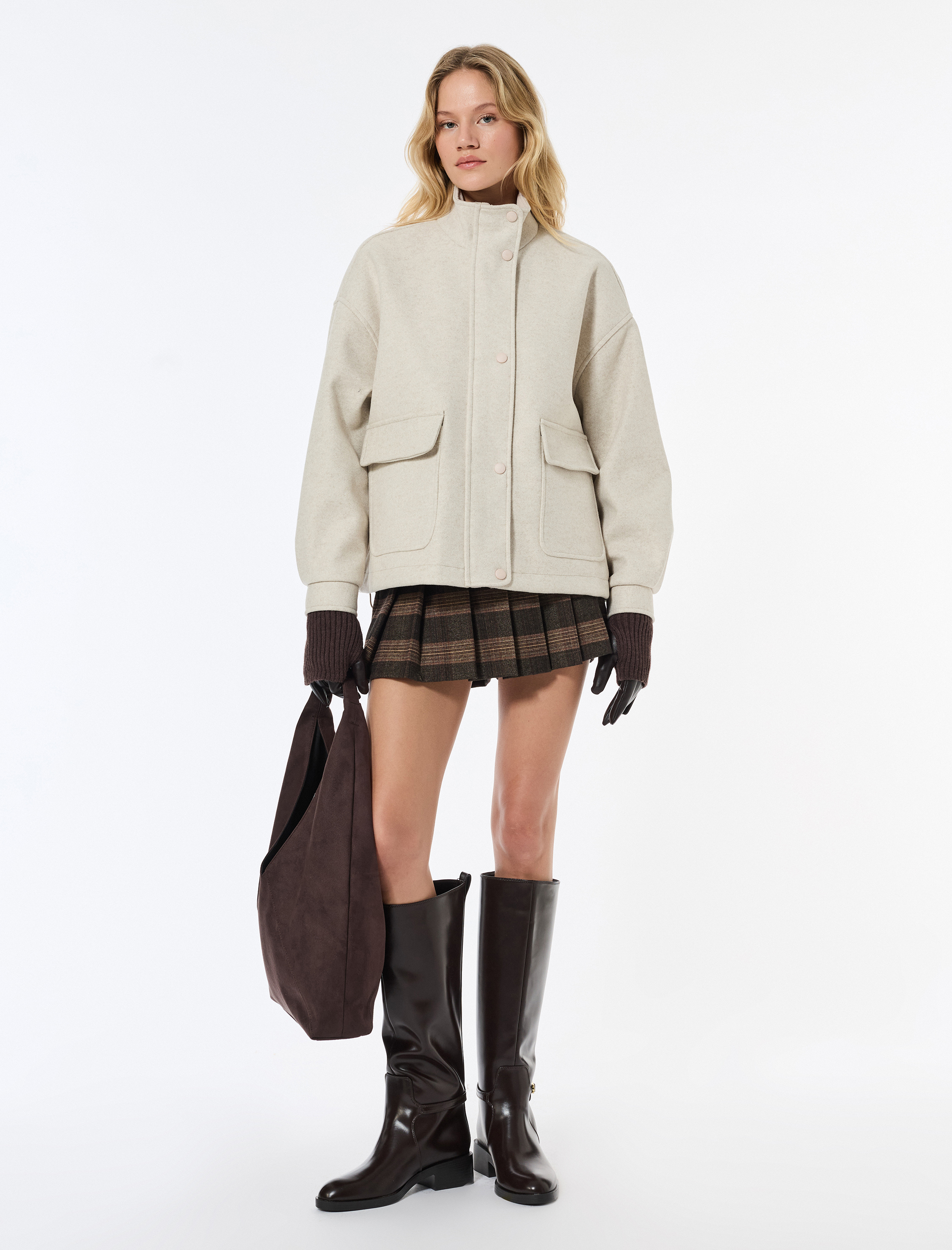   Koton X Sibil Çetinkaya - Kısa Kaban Kaşe Dik Yaka Fermuarlı Cepli