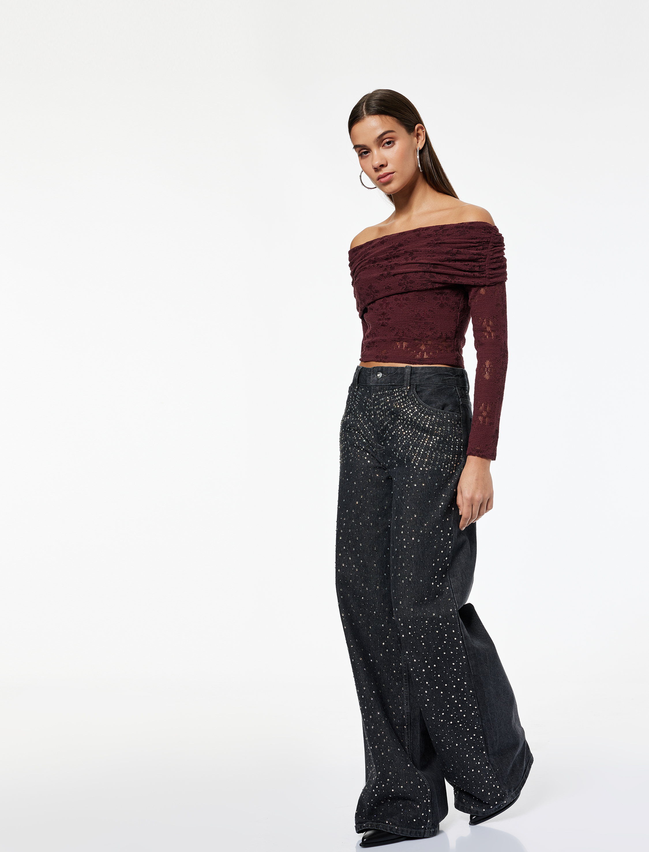   Normal Bel Bol Paça Taşlı Jean Pantolon - Loose Straight Fit Jean