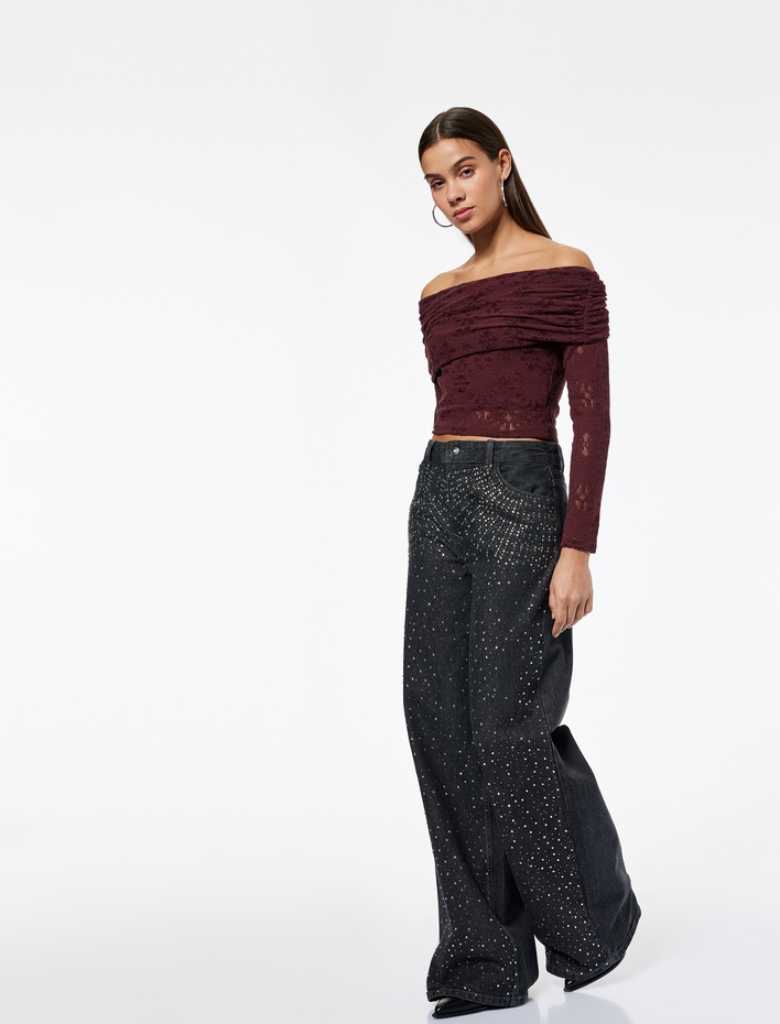  Normal Bel Bol Paça Taşlı Jean Pantolon - Loose Straight Fit Jean