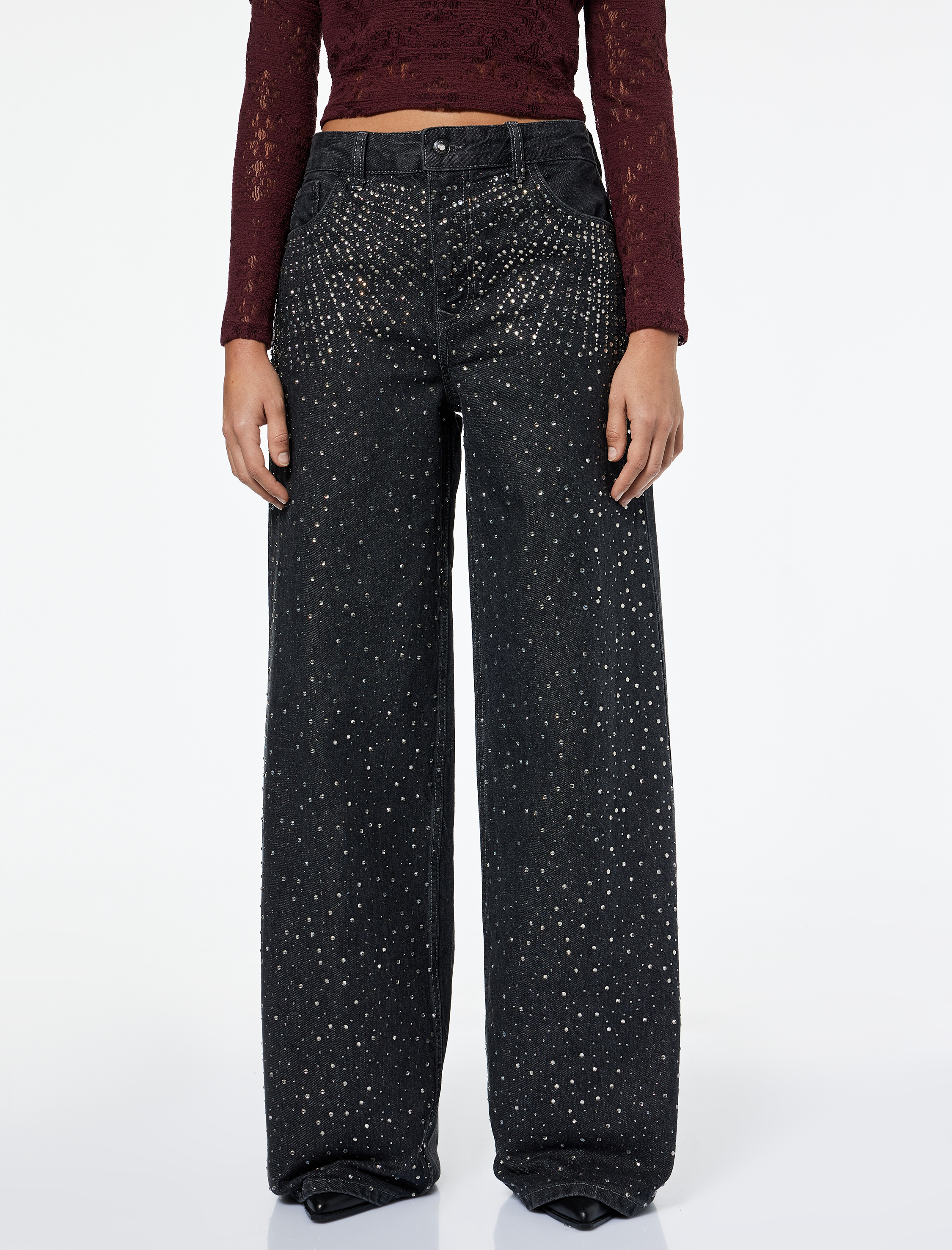   Normal Bel Bol Paça Taşlı Jean Pantolon - Loose Straight Fit Jean