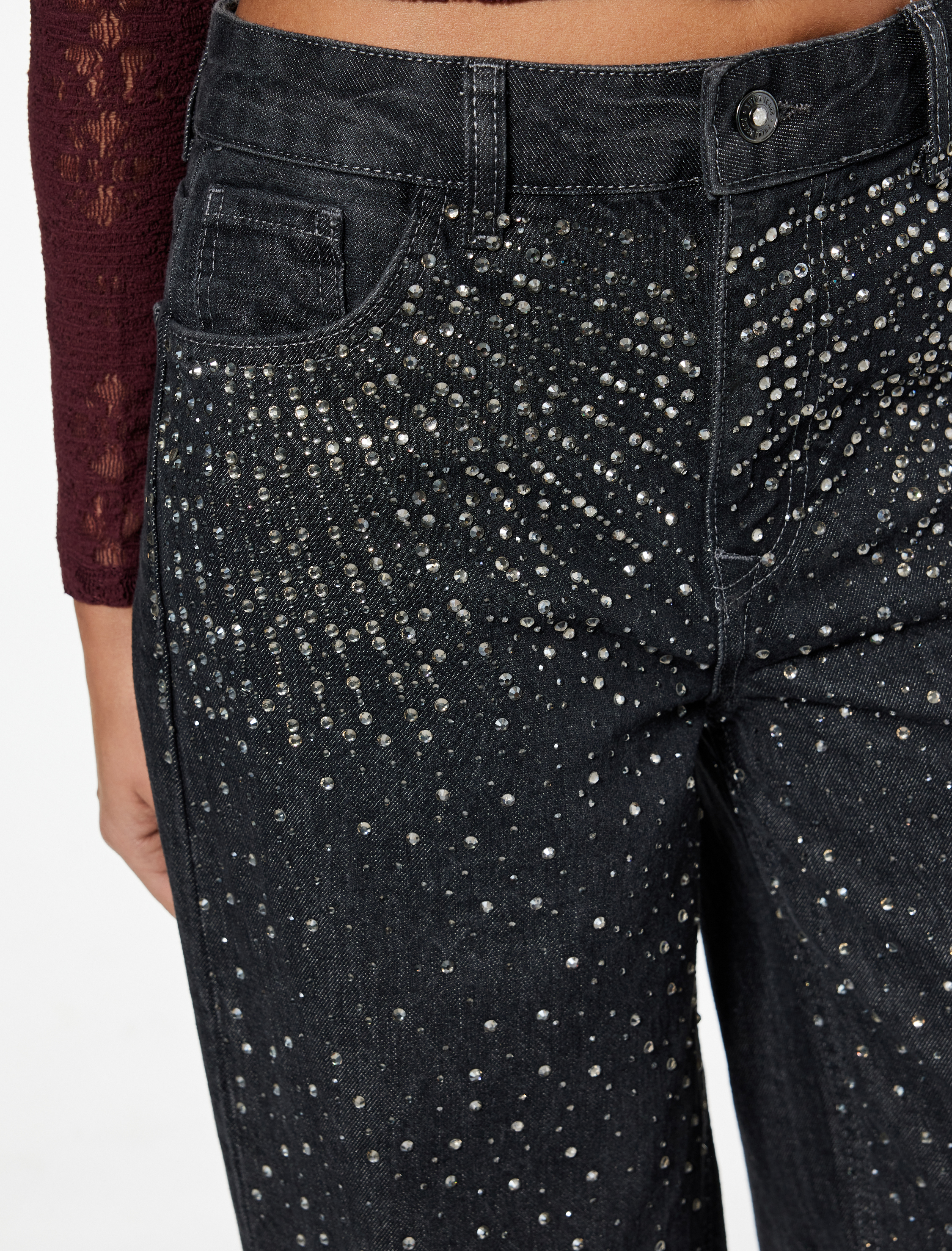   Normal Bel Bol Paça Taşlı Jean Pantolon - Loose Straight Fit Jean