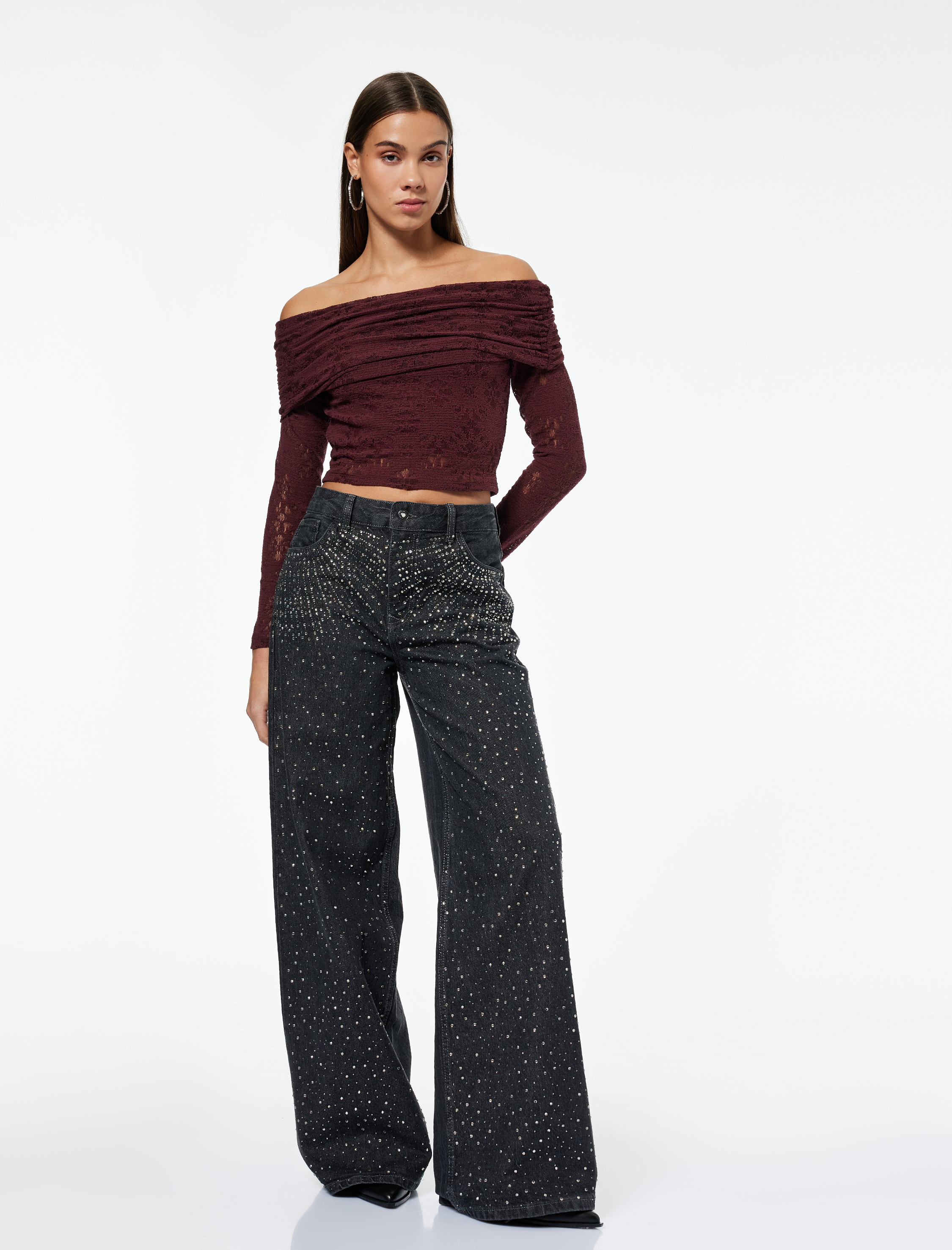   Normal Bel Bol Paça Taşlı Jean Pantolon - Loose Straight Fit Jean