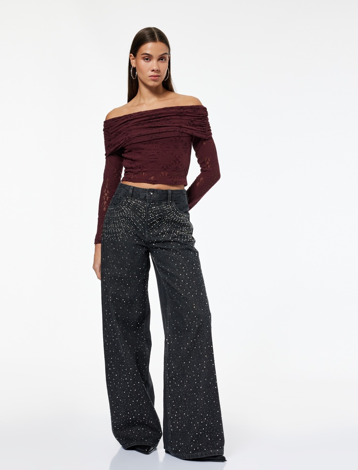  Normal Bel Bol Paça Taşlı Jean Pantolon - Loose Straight Fit Jean