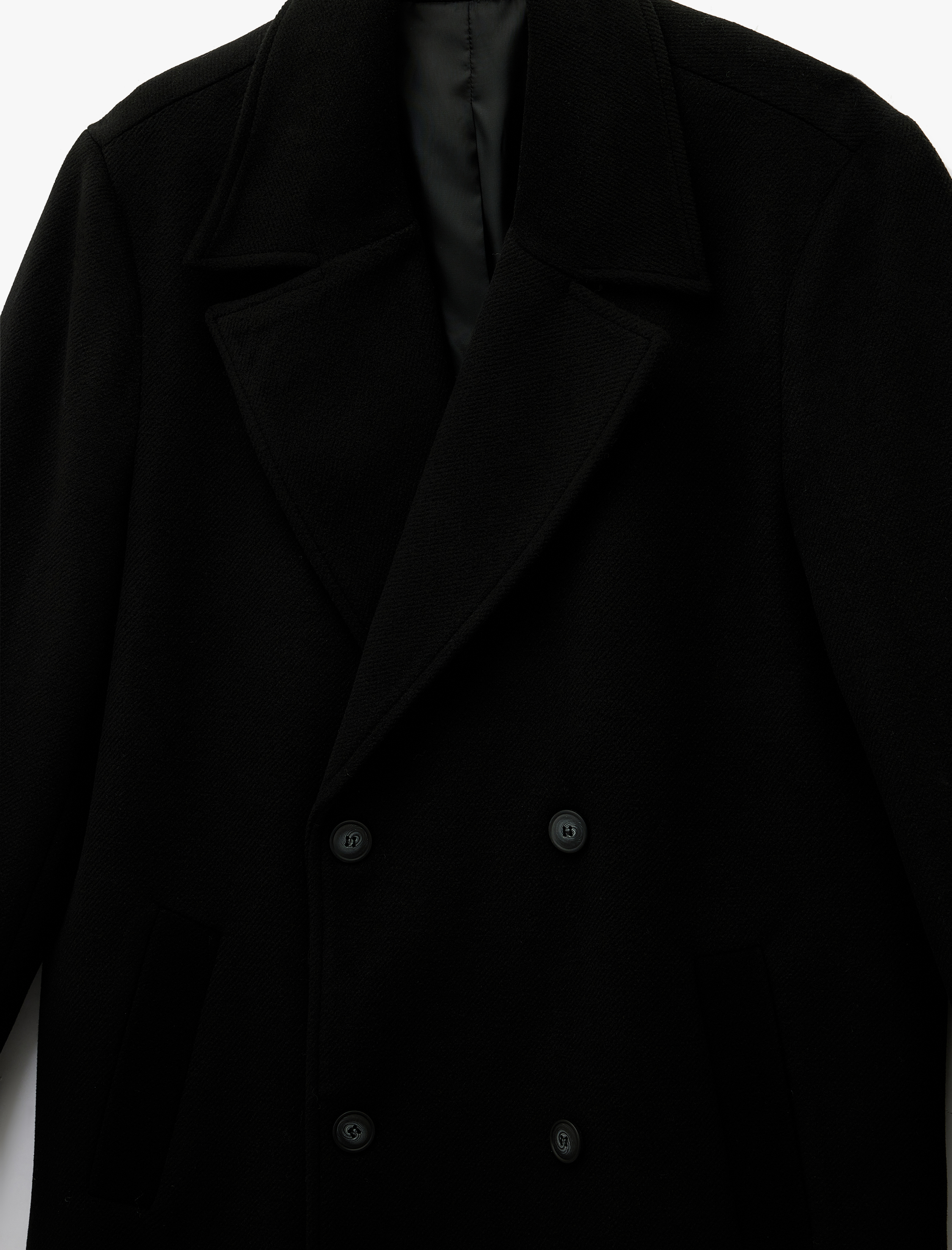   Uzun Kollu Cepli Düğmeli Kruvaze Yaka Kaşe Kaban