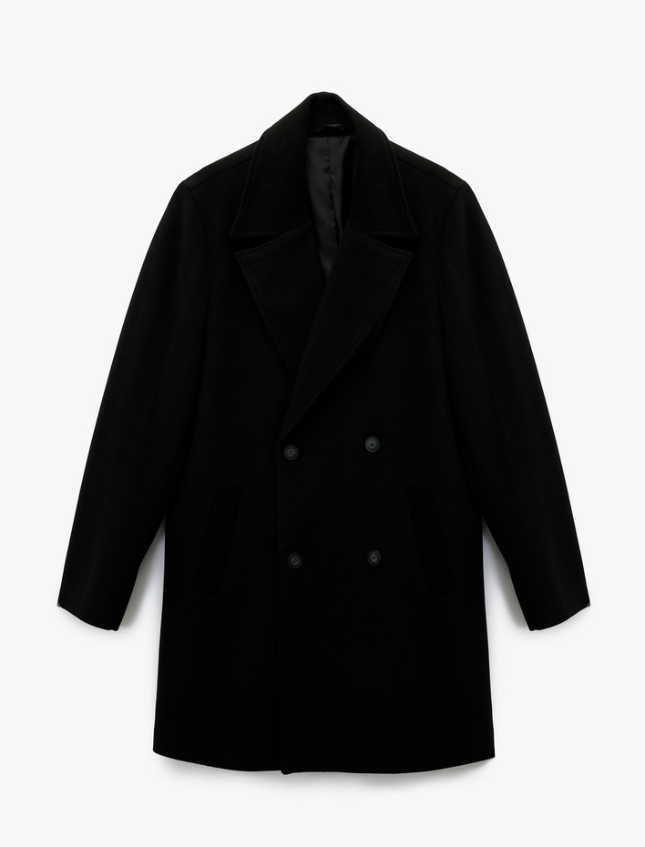  Uzun Kollu Cepli Düğmeli Kruvaze Yaka Uzun Kaşe Kaban