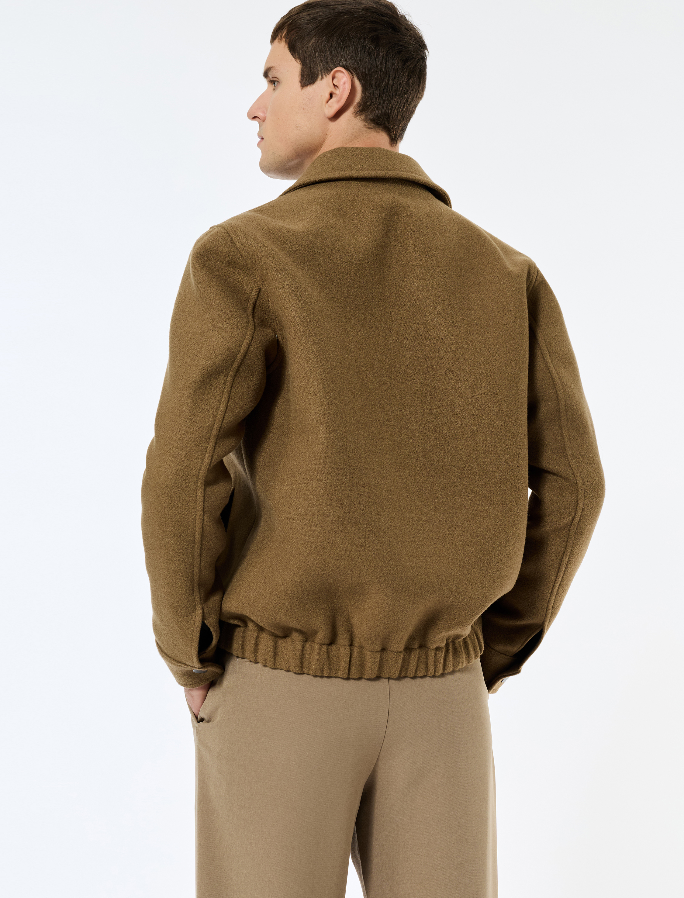   Uzun Kollu Cepli Fermuarlı Gömlek Yaka Kaşe Bomber Ceket