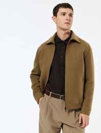 Uzun Kollu Cepli Fermuarlı Gömlek Yaka Kaşe Bomber Ceket