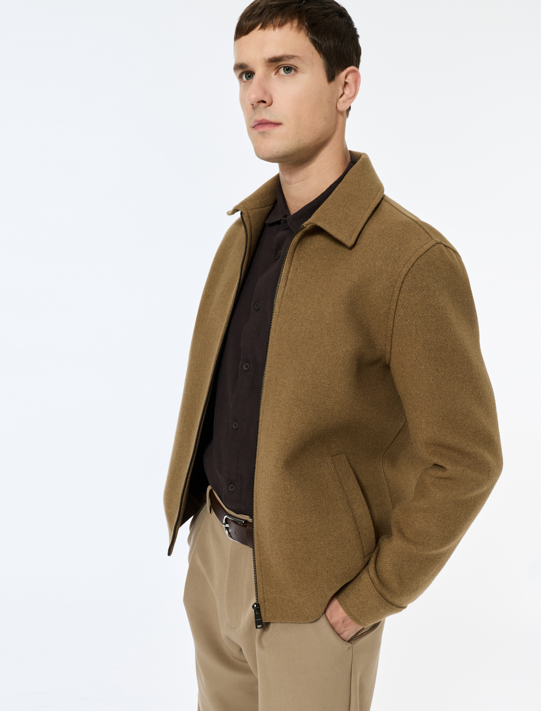   Uzun Kollu Cepli Fermuarlı Gömlek Yaka Kaşe Bomber Ceket