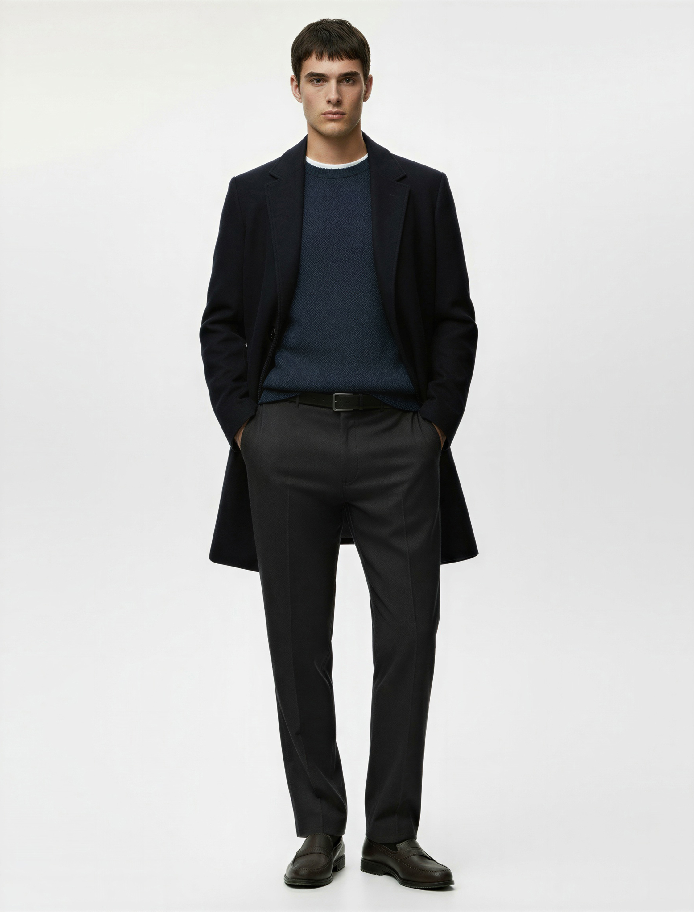   Düğmeli Cepli Kruvaze Yaka Uzun Kaşe Kaban