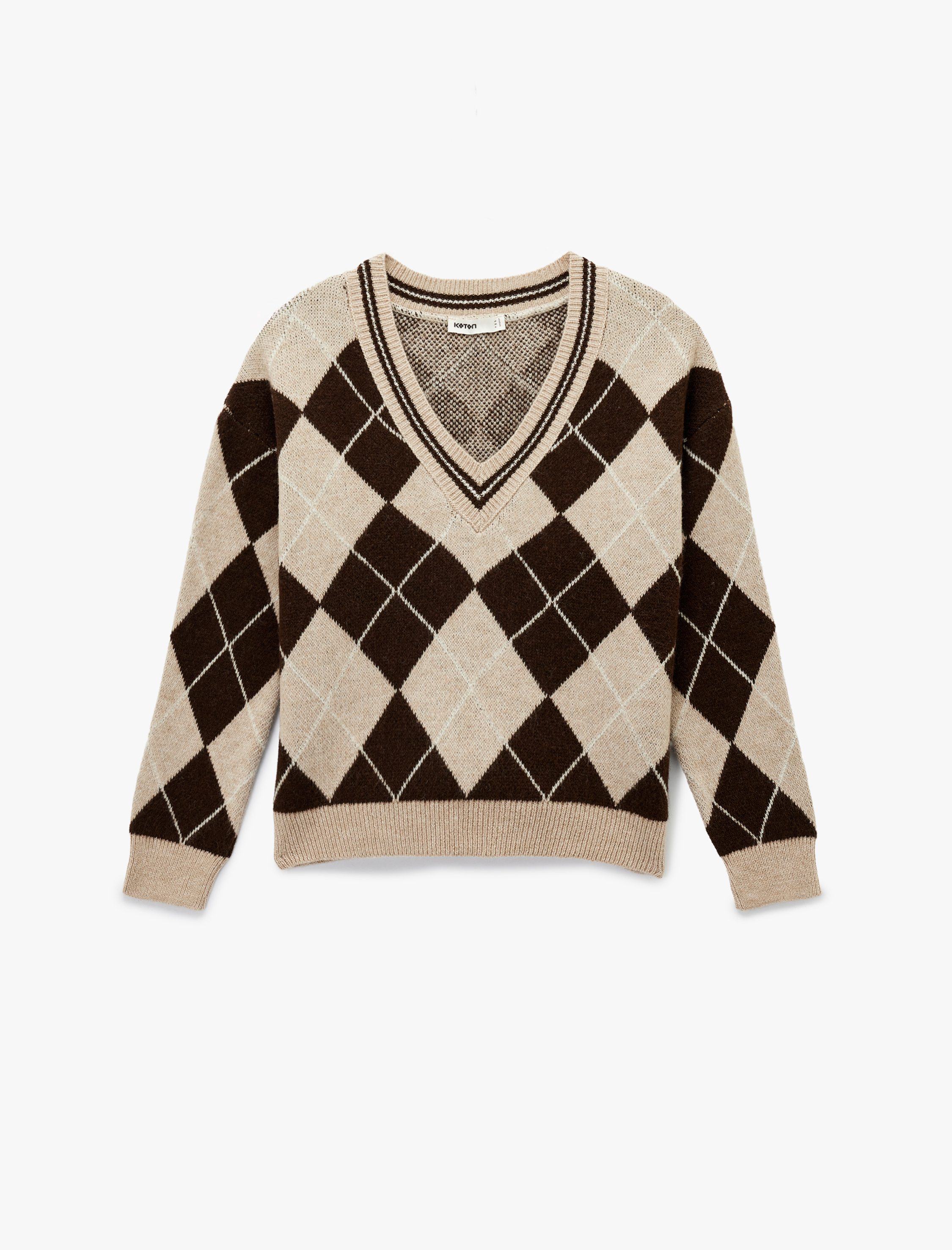   Uzun Kollu V Yaka Baklava Desenli Triko Kazak