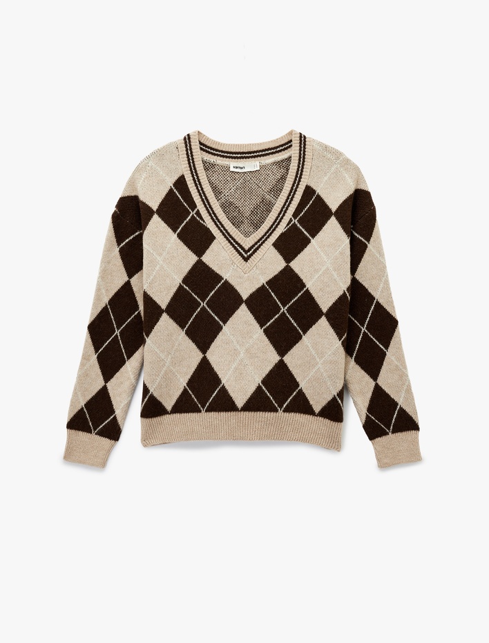  Uzun Kollu V Yaka Baklava Desenli Triko Kazak