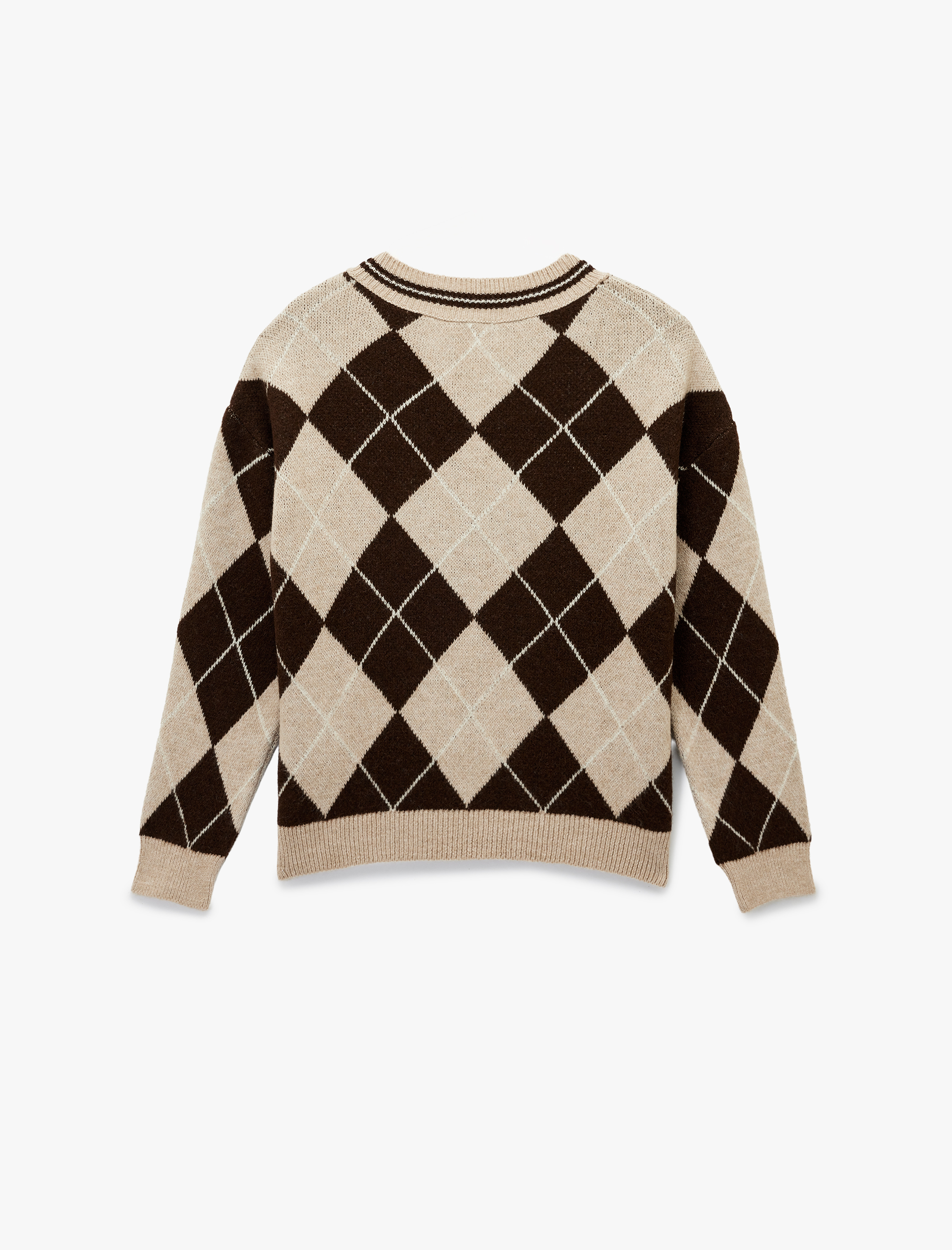   Uzun Kollu V Yaka Baklava Desenli Triko Kazak