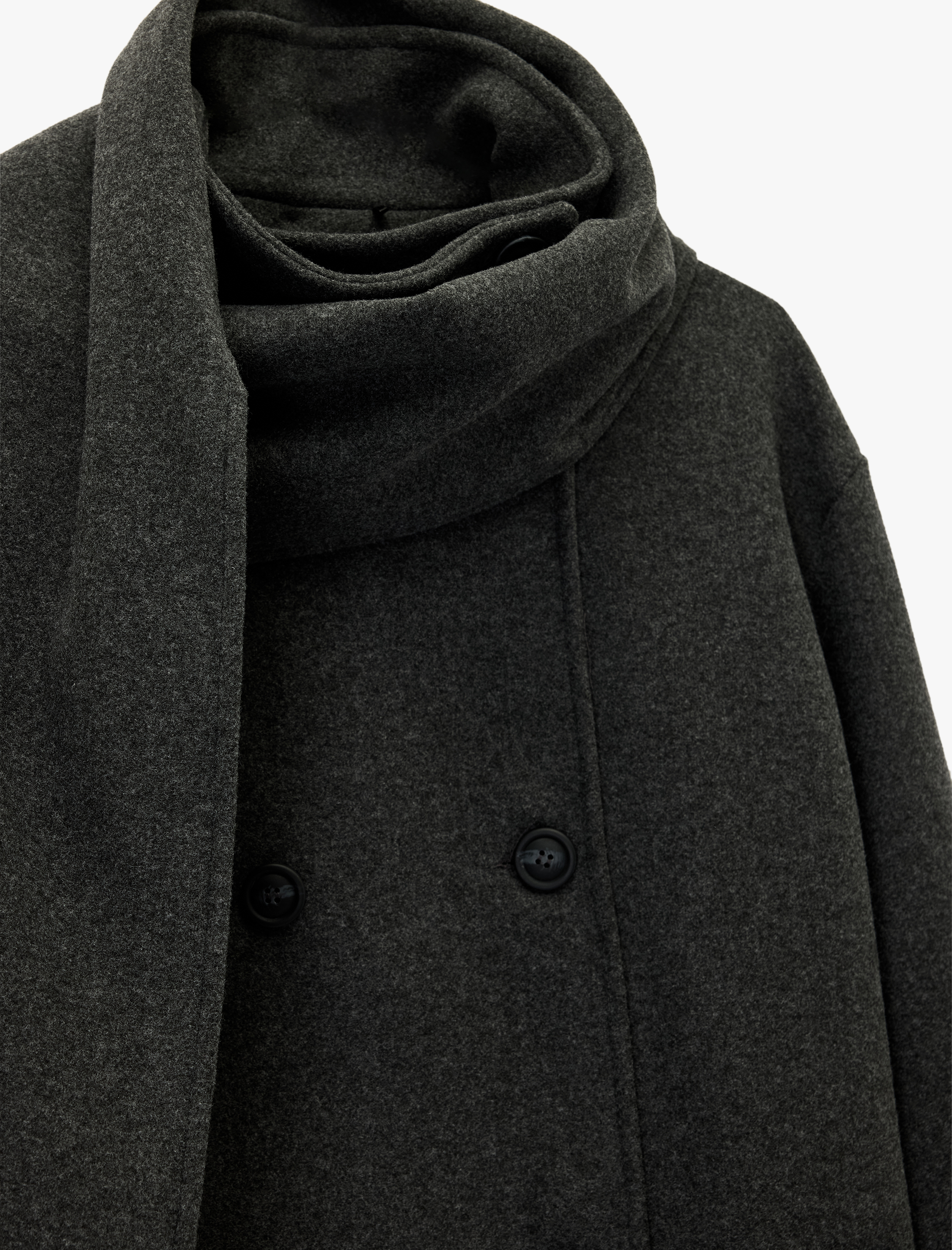   Uzun Kollu Cepli Düğmeli Kruvaze Atkılı Kaşe Kaban