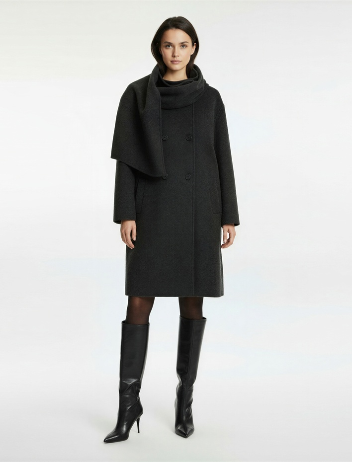  Uzun Kollu Cepli Düğmeli Kruvaze Atkılı Kaşe Kaban