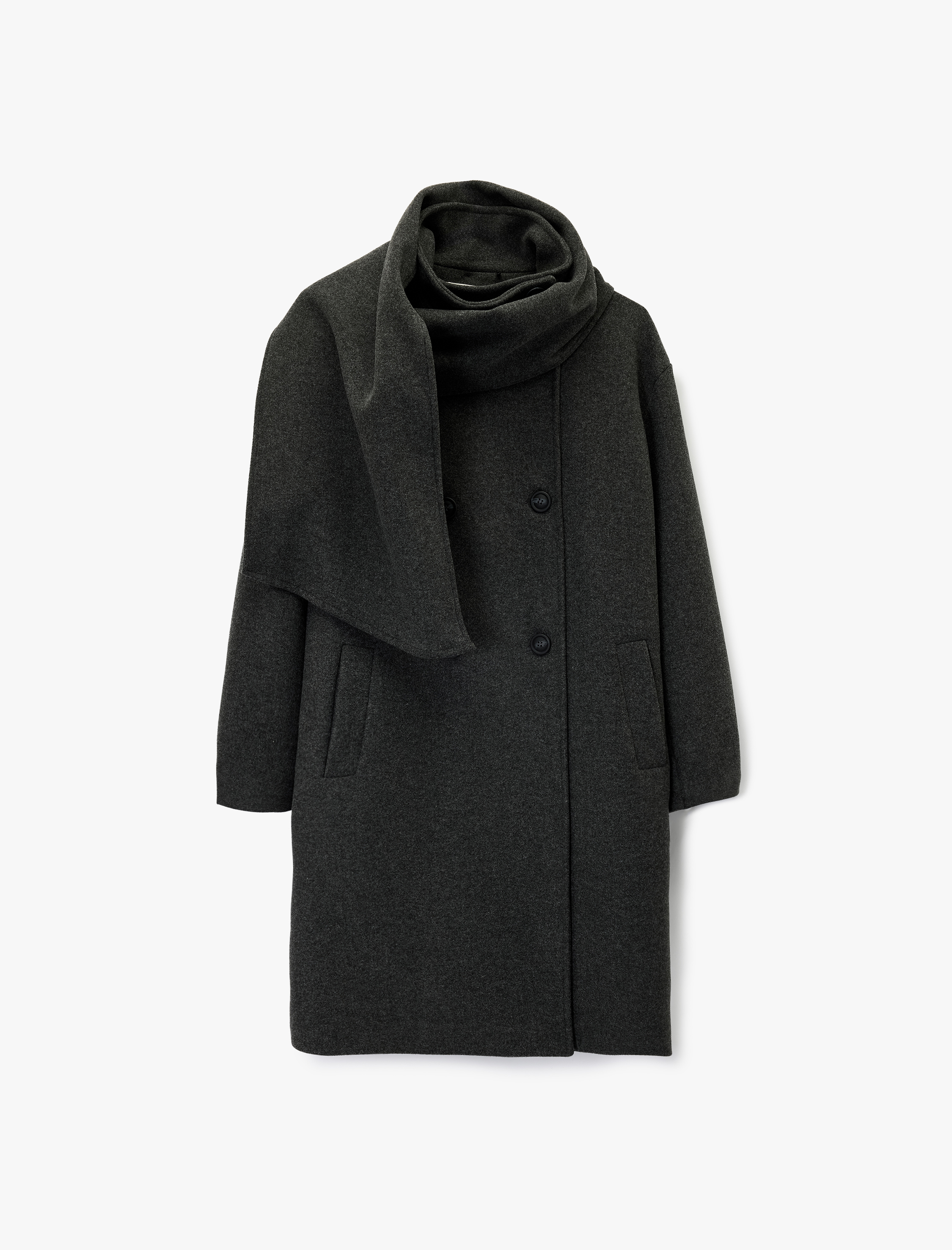   Uzun Kollu Cepli Düğmeli Kruvaze Atkılı Kaşe Kaban